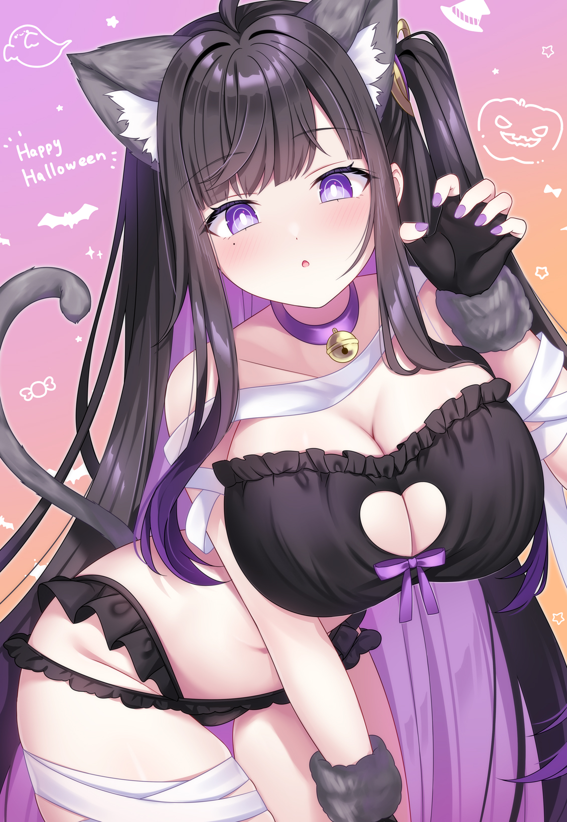 yomogi (becr), chitose (stella sora), stella sora, highres, animal costume, animal ears, bandage on leg, bandage on thigh, bandaged arm, bandaged leg, bandages, bell, black bra, black gloves, black hair, black panties, blush, bra, cat costume, cat ears, cat tail, cleavage cutout, clothing cutout, collar, colored inner hair, fingerless gloves, frilled panties, frills, fur wrist cuffs, gloves, halloween, heart cutout, long hair, mole, mole under eye, multi-strapped panties, multicolored hair, neck bell, one side up, panties, parted lips, purple hair, purple nails, purple ribbon, ribbon, sidelocks, tail, underwear, very long hair, wrist cuffs