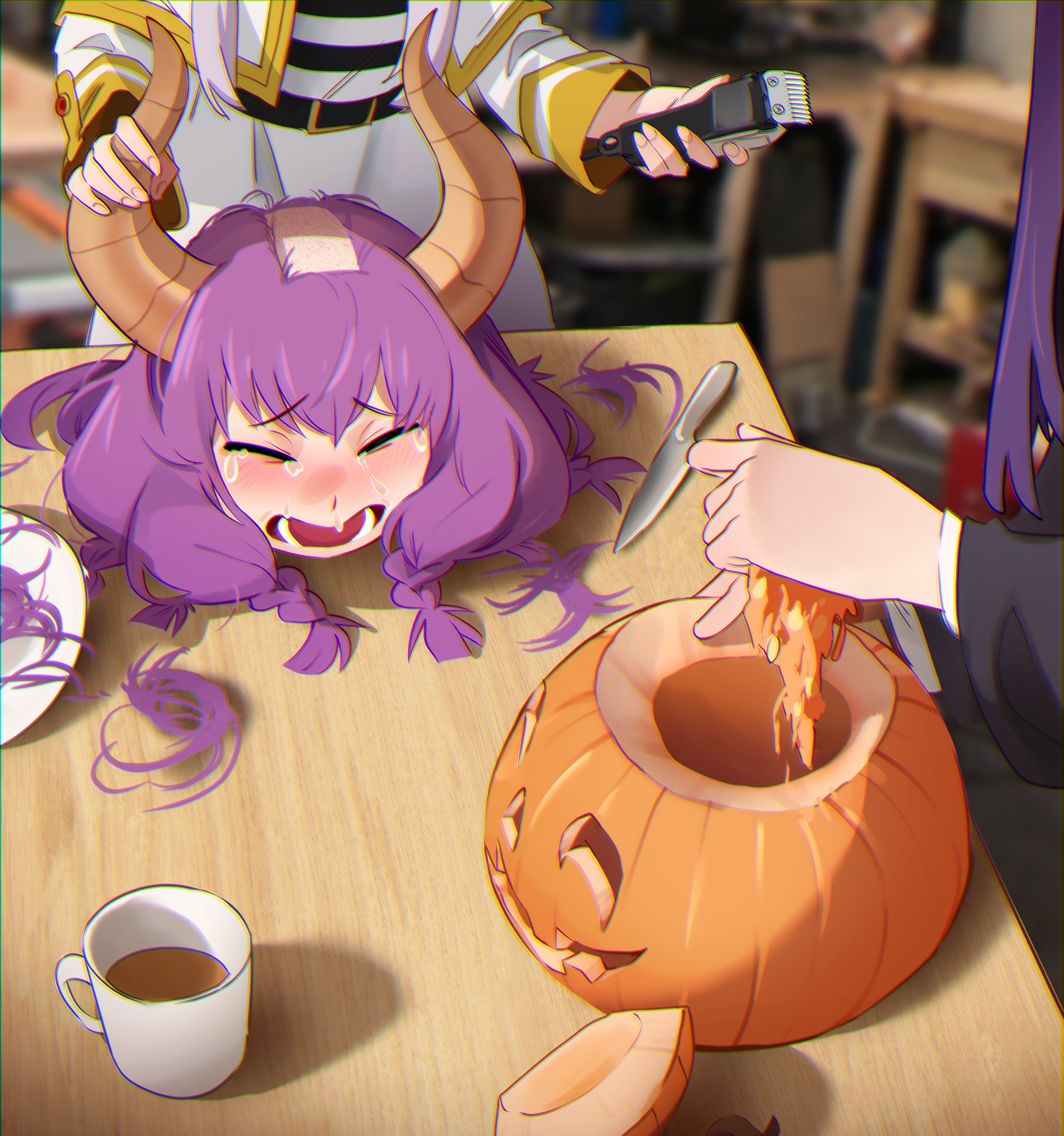 khyle., aura (sousou no frieren), fern (sousou no frieren), frieren, sousou no frieren, absurdres, commentary, english commentary, highres, 3girls, aura bullying (meme), blurry, blurry background, braid, brown horns, closed eyes, coffee mug, crying, cup, demon horns, grey hair, halloween, horns, jack-o'-lantern, knife, long hair, meme, mug, multiple girls, open mouth, purple hair, shirt, skirt, striped clothes, striped shirt, table, tears, white skirt