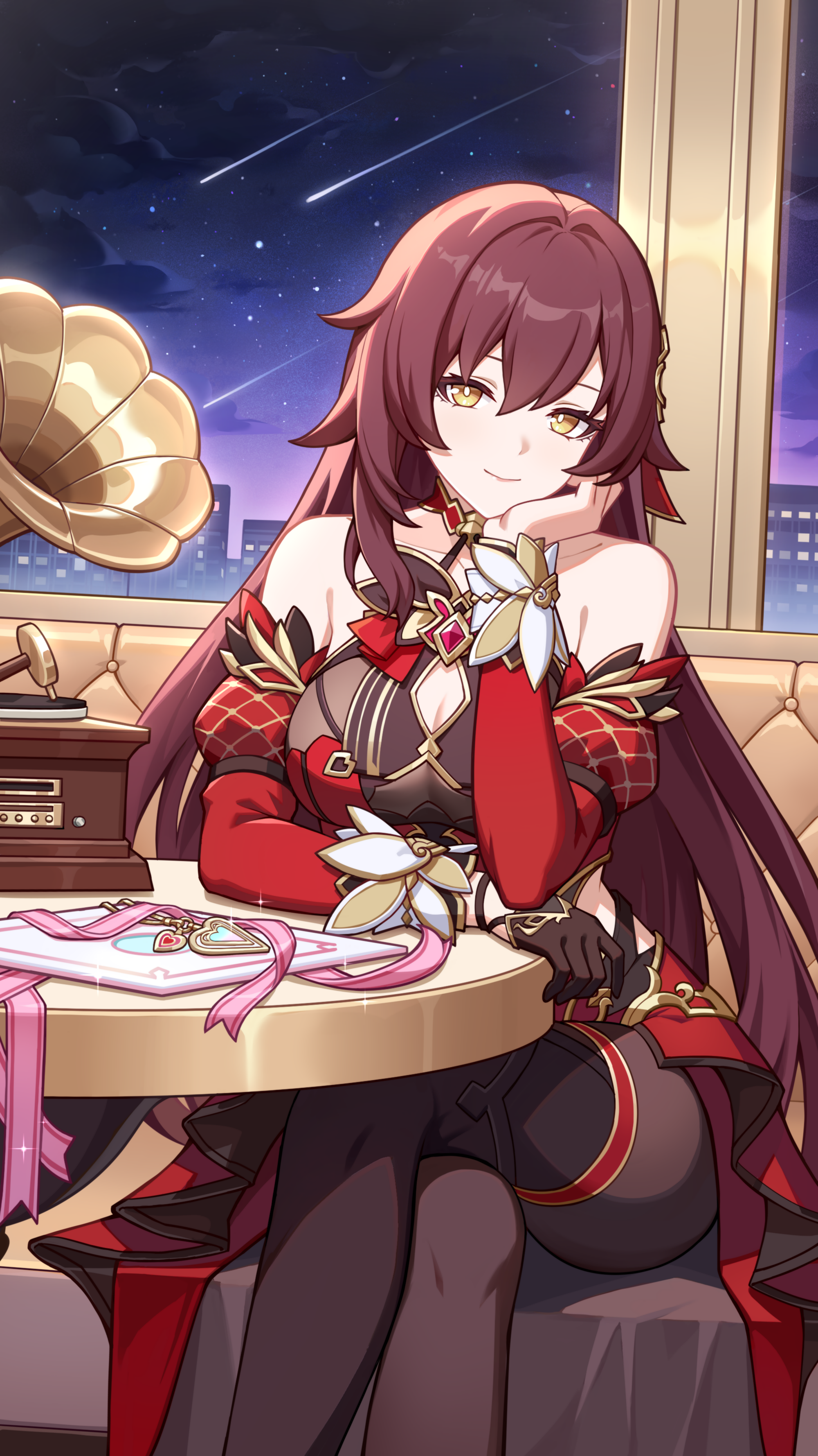 eden (honkai impact), honkai (series), honkai impact 3rd, absurdres, highres, official art, 1girl, arm support, bare shoulders, black gloves, breasts, brown hair, brown pantyhose, cleavage, closed mouth, couch, crossed legs, detached sleeves, gloves, hair between eyes, indoors, large breasts, long hair, long sleeves, looking at viewer, night, night sky, on couch, pantyhose, shooting star, single glove, sitting, sky, smile, solo, yellow eyes