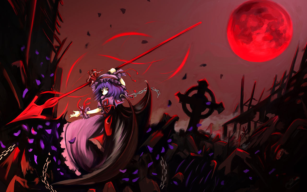 usual, remilia scarlet, touhou, bad id, bad pixiv id, 1girl, bat wings, chain, cross, female focus, full moon, grave, moon, night, polearm, purple hair, red eyes, red moon, solo, spear, spear the gungnir, weapon, wings
