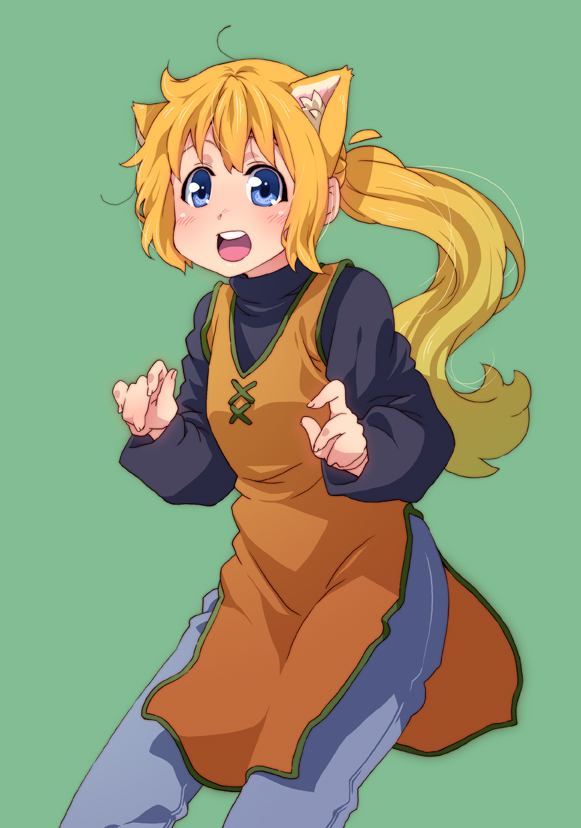 takanashi ringo, yellow (pokemon), nintendo, pokemon, pokemon adventures, 1girl, animal ears, black shirt, blonde hair, blue eyes, blush, cat ears, female focus, kemonomimi mode, long sleeves, open mouth, pants, ponytail, shirt, smile, solo