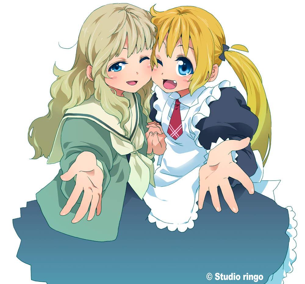 takanashi ringo, original, 2girls, apron, blonde hair, blue eyes, cheek-to-cheek, fang, foreshortening, heads together, maid, maid apron, multiple girls, one eye closed, school uniform, twintails, wink