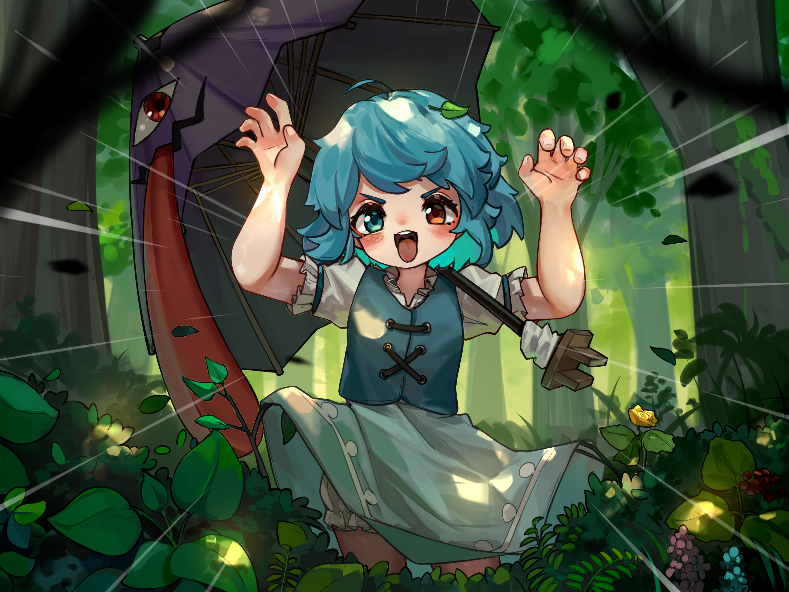 kourou (kouroukun), tatara kogasa, touhou, highres, 1girl, blue dress, blue eyes, blue hair, blush, dress, forest, karakasa obake, nature, open mouth, red eyes, shirt, short hair, short sleeves, solo, tongue, tongue out, umbrella, white shirt