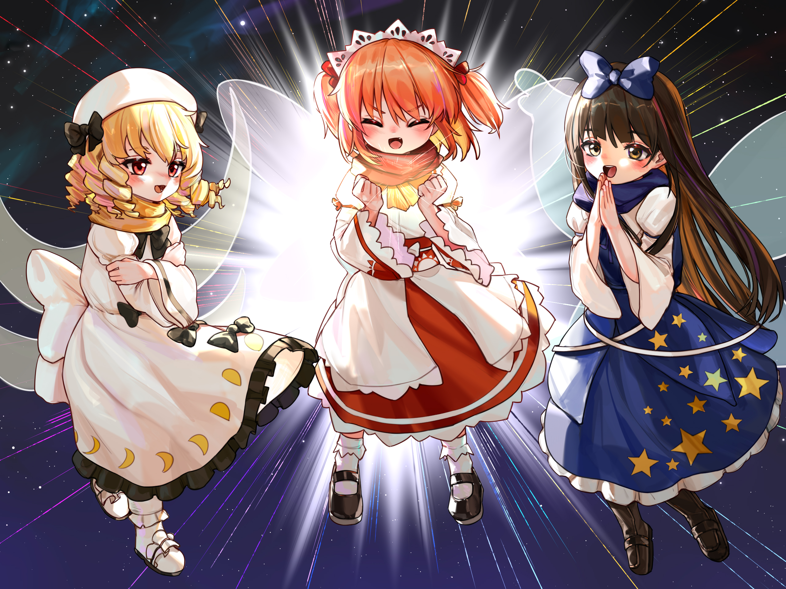 kourou (kouroukun), luna child, star sapphire, sunny milk, touhou, highres, 3girls, black shoes, blonde hair, blue dress, blue ribbon, brown eyes, brown hair, closed eyes, dress, hair ribbon, long hair, long sleeves, multiple girls, open mouth, orange hair, red eyes, red skirt, ribbon, shoes, short hair, skirt, sky, smile, socks, star (sky), starry sky, white dress, white shoes, white socks, wings