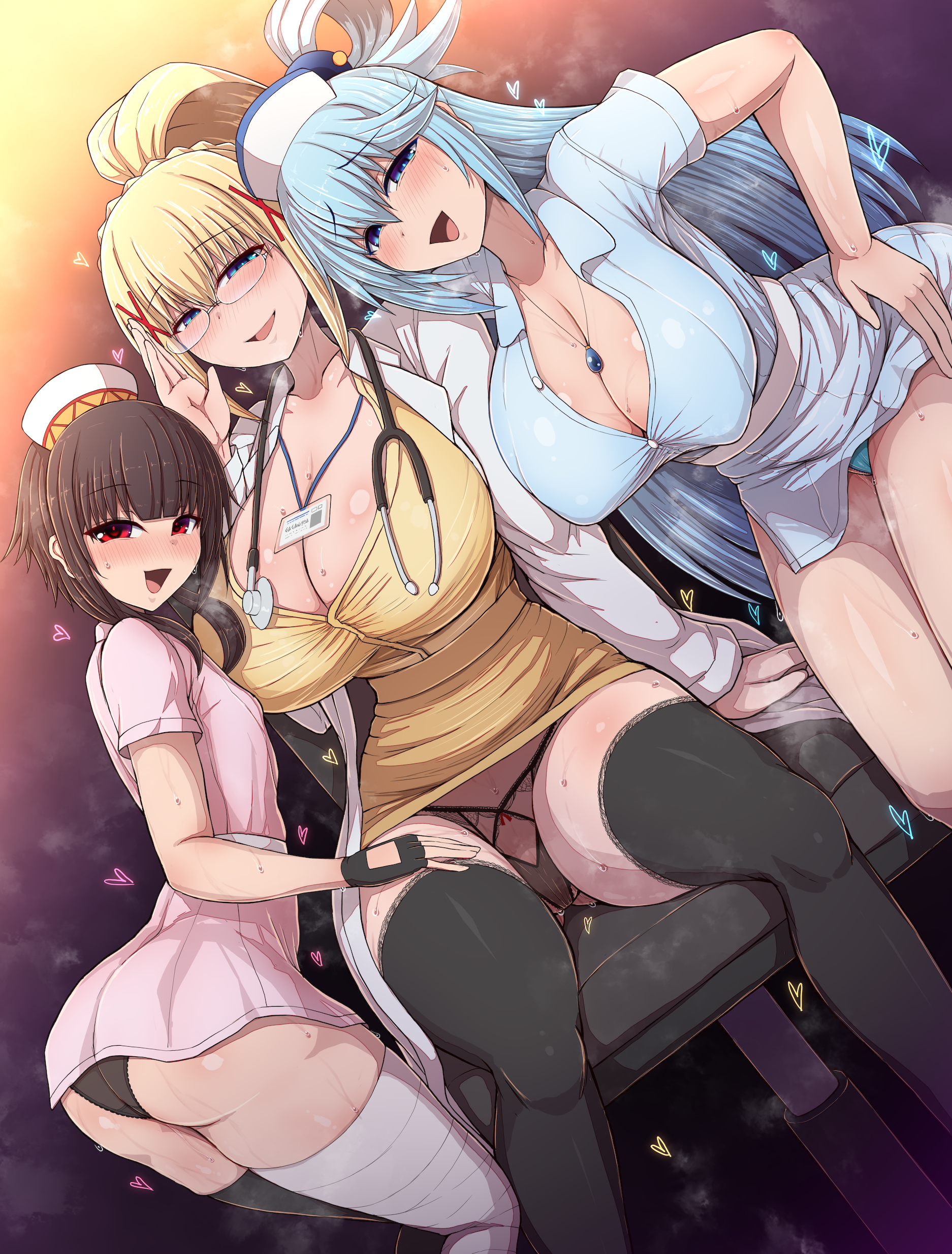 ponponmaru, aqua (konosuba), darkness (konosuba), megumin, kono subarashii sekai ni shukufuku wo!, absurdres, commentary request, highres, 3girls, :d, age difference, aqua panties, arm support, asymmetrical legwear, back, bandaged leg, bandages, black gloves, black panties, black thighhighs, blonde hair, blue dress, blue eyes, blue hair, blush, breasts, brown hair, cleavage, collared dress, dress, fingerless gloves, glass, gloves, gradient background, hair between eyes, hair ornament, hair rings, hat, heart, jewelry, lab coat, lanyard, large breasts, loli, long sleeves, looking at viewer, mismatched legwear, multiple girls, necklace, nurse, nurse cap, open mouth, panties, pink dress, red eyes, short sleeves, sidelocks, sitting, small breasts, smile, stethoscope, thighhighs, thighs, underwear, x hair ornament, yellow dress