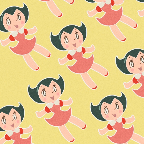 yamanokonza, uran (tetsuwan atom), tetsuwan atom, 1girl, android, black eyes, black hair, blush, blush stickers, dress, multiple views, open mouth, puffy sleeves, red dress, red shoes, robot, shoes, short hair, short sleeves, smile, standing, yellow background