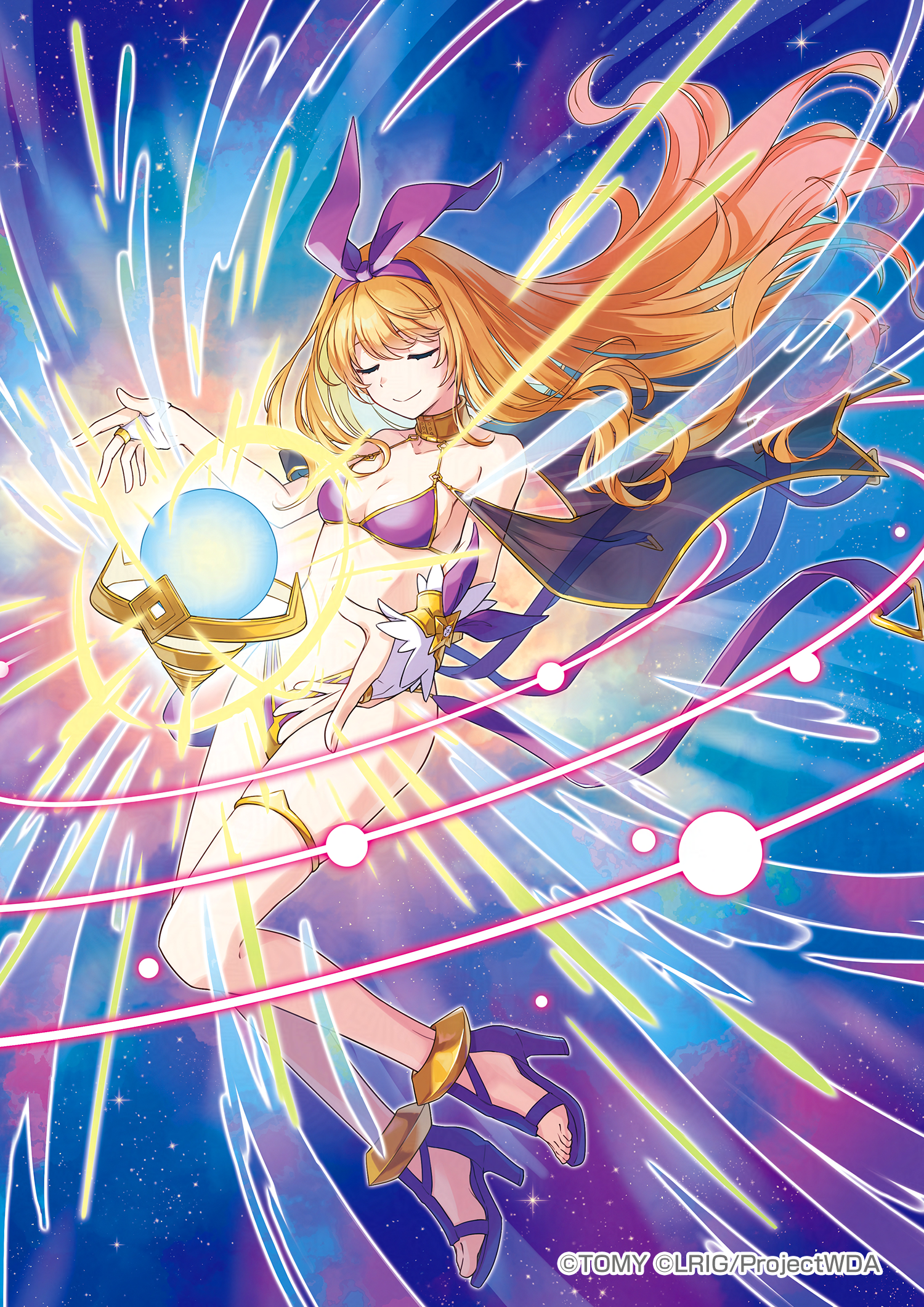 peron (niki2ki884), remember (wixoss), wixoss, highres, official art, 1girl, bow, breasts, cleavage, closed eyes, closed mouth, copyright notice, high heels, long hair, orange hair, purple bow, purple sandals, sandals, small breasts, smile, solo, thigh strap, very long hair