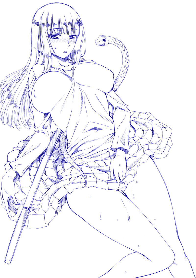 hanzaki jirou, hakudou yayoi, shea moon, hoshi no samidare, 1girl, blunt bangs, bokken, breasts, cleavage, hime cut, huge breasts, katana, legs, long hair, looking at viewer, monochrome, sheath, sheathed, simple background, skirt, skirt hold, snake, sword, thighs, weapon, wet, white background, wooden sword