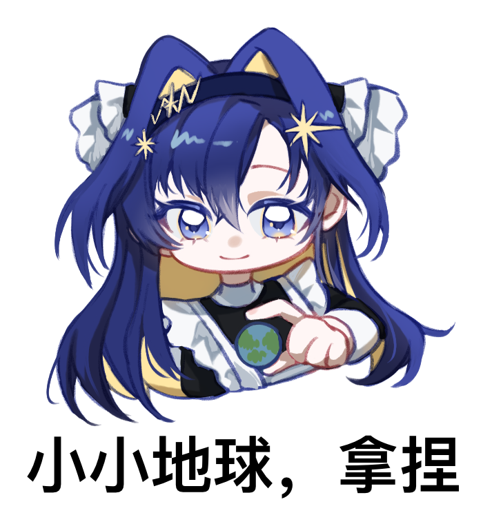 chilizi, voyager (reverse:1999), reverse:1999, translation request, 1girl, apron, black dress, black hairband, blonde hair, blue eyes, blue hair, chibi, chinese text, closed mouth, colored inner hair, cropped torso, dress, earth (planet), hair ornament, hairband, hand up, holding planet, long hair, multicolored hair, planet, school uniform, smile, solo, soviet school uniform, star (symbol), star hair ornament, upper body, white apron, white background