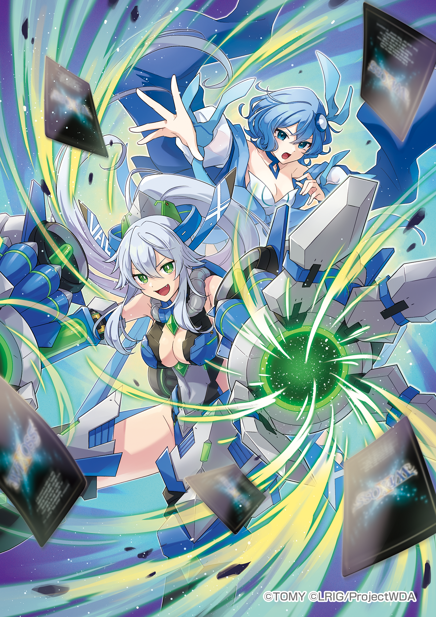 peron (niki2ki884), piruluk, wixoss, character request, highres, official art, 2girls, blue hair, blue leotard, breasts, card, cleavage, dress, fang, green eyes, grey hair, large breasts, leotard, long hair, looking at viewer, medium breasts, medium hair, multiple girls, open mouth, smile, trading card, white dress