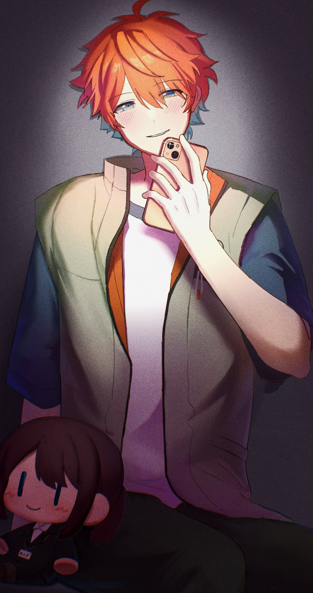 akehoshi subaru, anzu (ensemble stars!), ensemble stars!, commentary, highres, 1boy, 1girl, ahoge, blue eyes, blush, brown vest, cellphone, ekjwprmmio73602, hair between eyes, hand up, head tilt, holding, holding phone, looking at viewer, male focus, orange hair, parted lips, phone, short hair, short sleeves, smile, stuffed toy, vest