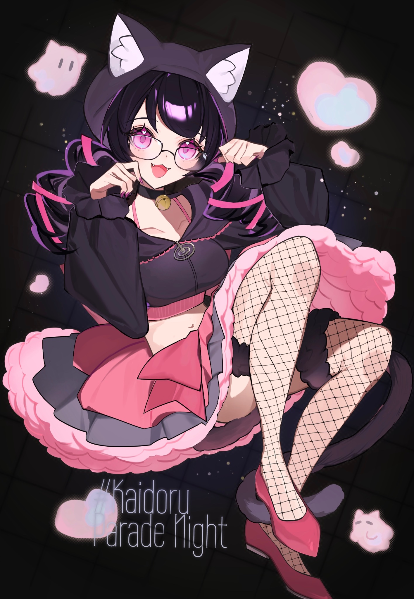 noge tomoko, persona, persona 5, persona 5: the phantom x, commentary request, highres, 1girl, alternate costume, animal ears, animal hat, bell, black background, black choker, black hair, black shirt, bloomers, bra strap, breasts, cat hat, cat tail, choker, cropped shirt, fake animal ears, fangs, fingernails, fishnet pantyhose, fishnets, full body, ghost, grid background, hair ribbon, hands up, hat, heart, heart in eye, jingle bell, layered skirt, long fingernails, long sleeves, medium breasts, midriff, multicolored skirt, nail polish, navel, neck bell, open mouth, pantyhose, paw pose, pink eyes, pink nails, pink ribbon, pink shoes, pink skirt, ribbon, rndrnd79, shirt, shoes, skirt, smile, solo, symbol in eye, tail, twintails, underwear, white bloomers