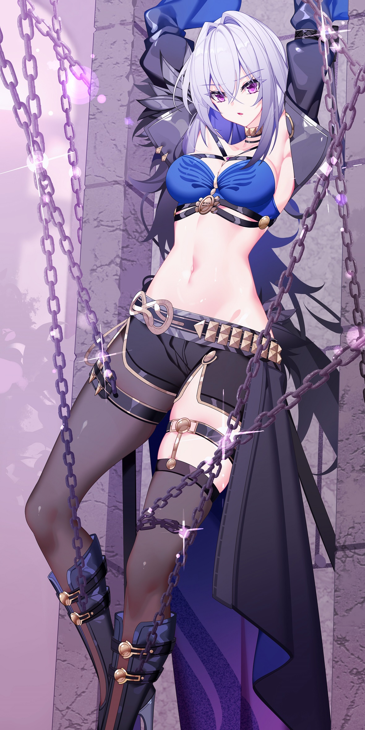 nami qi, galbrena (wuthering waves), wuthering waves, chinese commentary, commentary request, highres, large variant set, textless version, variant set, 1girl, armpits, arms up, bandeau, black boots, black jacket, black pantyhose, black shorts, blue bandeau, blue hair, boots, bound, breasts, chain, cleavage, criss-cross straps, cropped jacket, crossed bangs, gold choker, grey hair, groin, hair between eyes, hair intakes, jacket, knee boots, medium breasts, medium hair, midriff, multicolored hair, navel, open clothes, open jacket, pantyhose, parted lips, purple eyes, restrained, short shorts, shorts, sidelocks, single leg pantyhose, single thighhigh, single wing, skindentation, solo, sparkle, standing, thigh strap, thighhighs, waist cape, wings