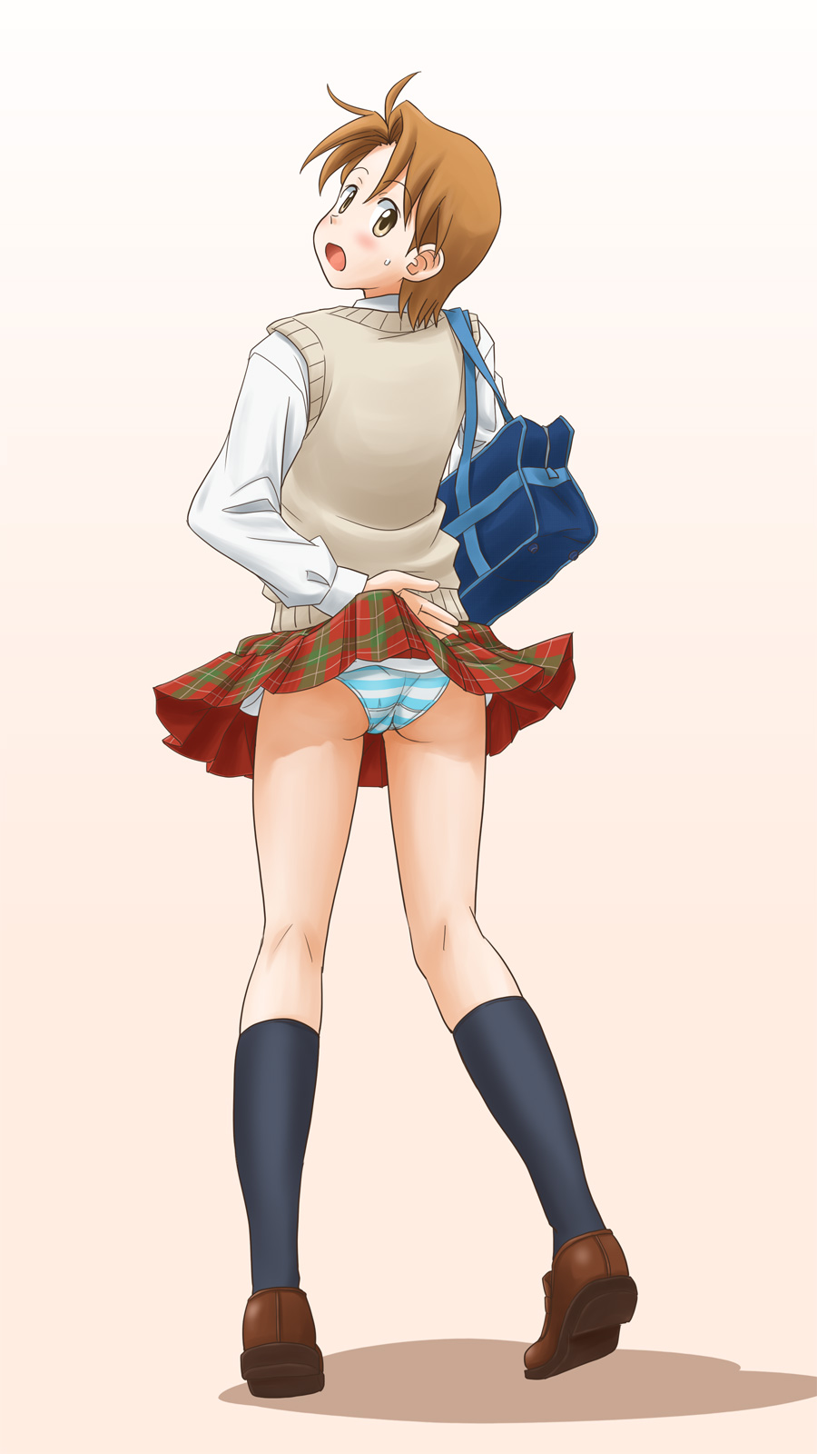 lielos, fujimoto atsuko, original, highres, ass, brown eyes, brown hair, clothes lift, kneehighs, legs, looking back, panties, pantyshot, plaid clothes, plaid skirt, school uniform, short hair, skirt, skirt lift, socks, solo, striped clothes, striped panties, underwear
