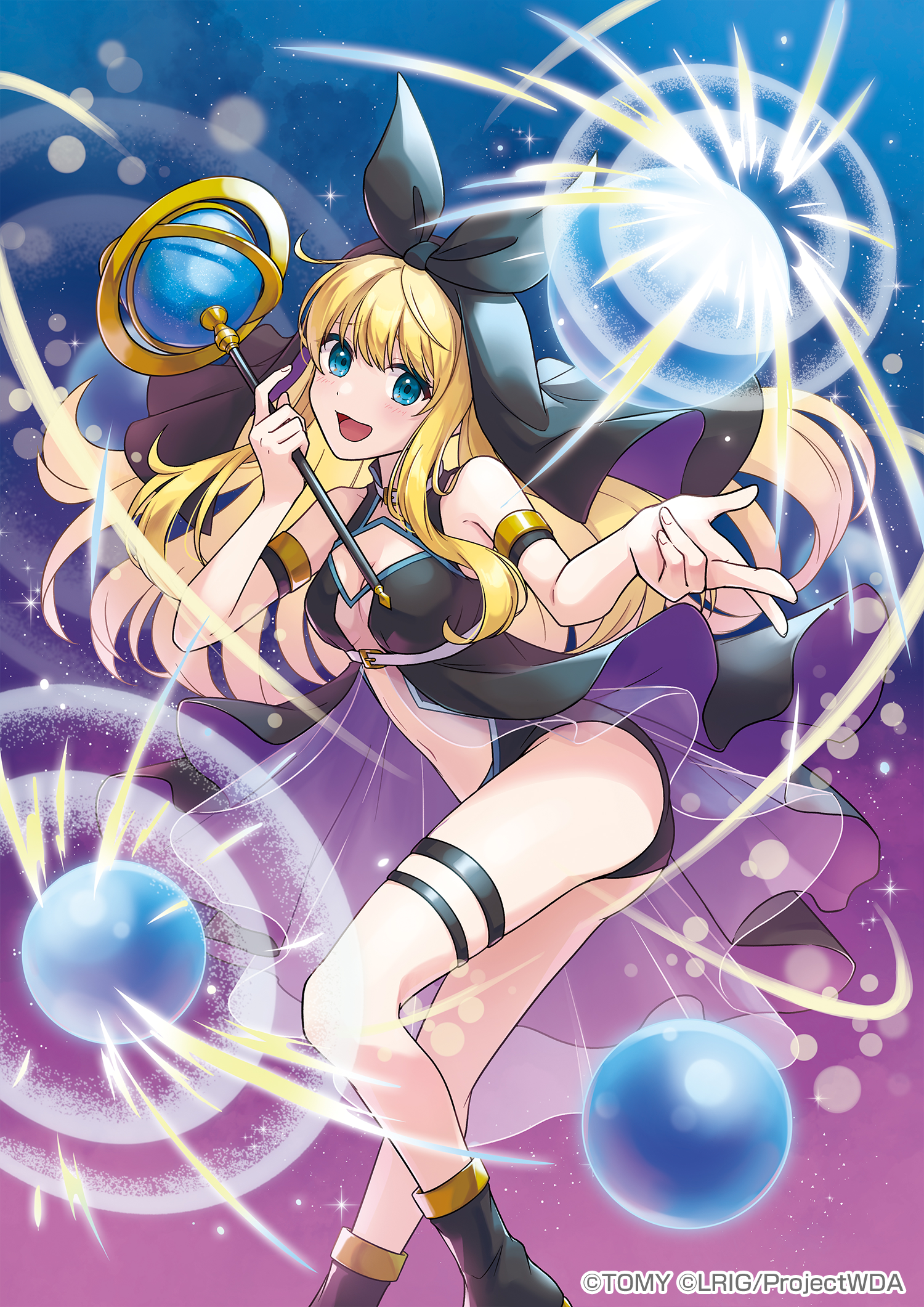 peron (niki2ki884), remember (wixoss), wixoss, highres, official art, 1girl, black bow, black dress, black shoes, blonde hair, blue eyes, bow, breasts, copyright notice, dress, hair bow, holding, holding wand, long hair, looking at viewer, medium breasts, shoes, sidelocks, smile, solo, thigh strap, wand