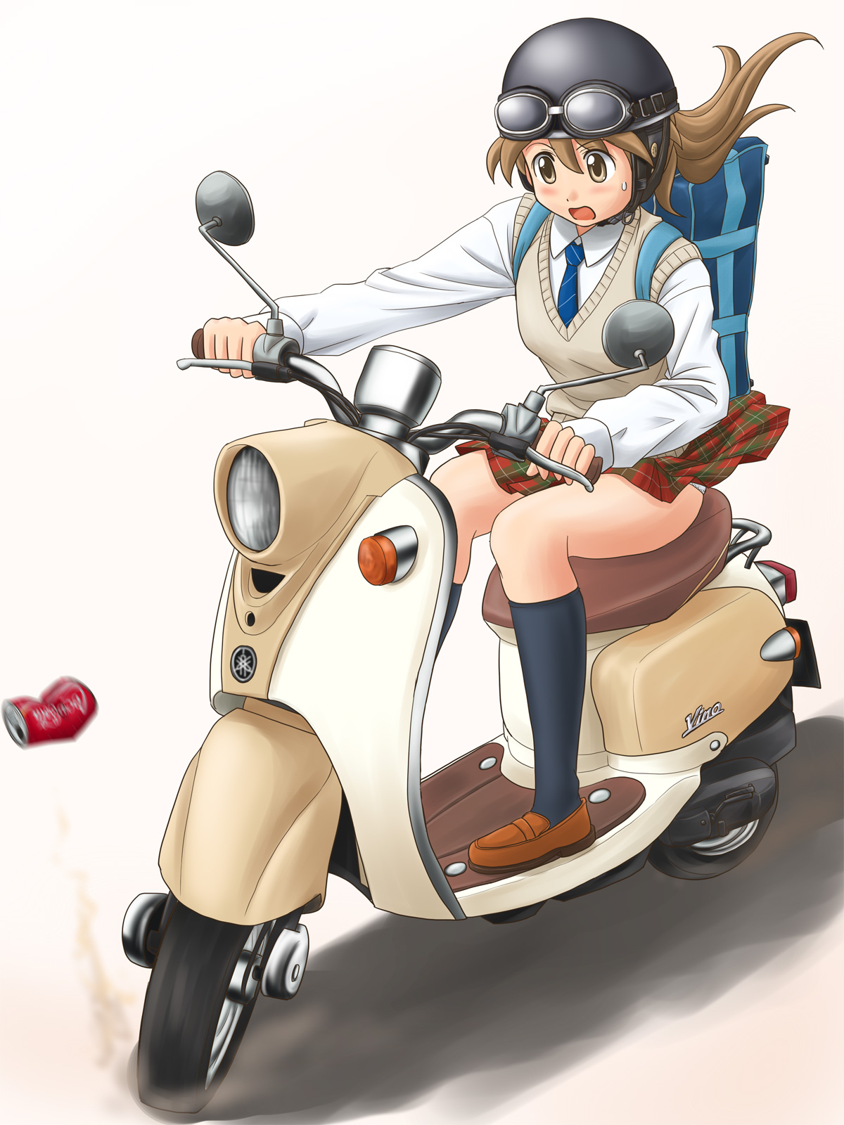 lielos, poniko (lielos), original, vehicle, highres, brown eyes, brown hair, helmet, motor vehicle, panties, ponytail, school uniform, scooter, solo, underwear