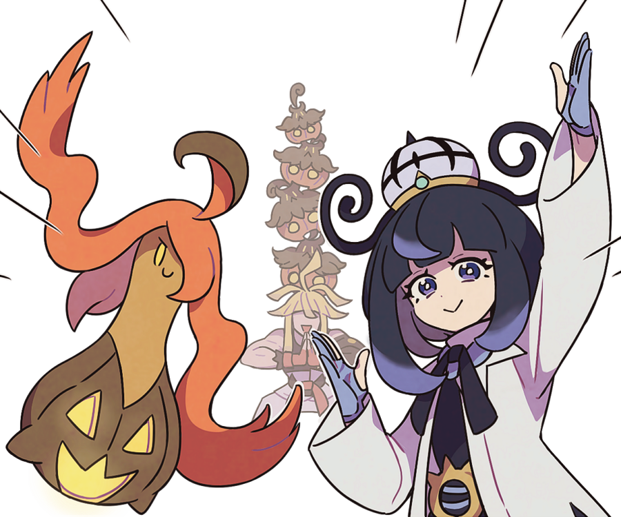 ssalbulre, gourgeist, gwynn (pokemon), ivor (pokemon), pumpkaboo, nintendo, pokemon, 1boy, 1girl, 5others, blue gloves, blunt bangs, bob cut, closed mouth, coat, dress, gen 6 pokemon, gloves, hat, long sleeves, looking at viewer, multiple others, open clothes, open coat, partially fingerless gloves, purple eyes, purple hair, short hair, white background, white coat