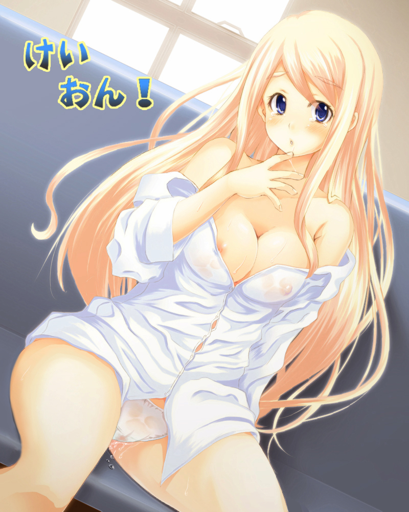 taiyou nomiko, tatsuhiko, kotobuki tsumugi, k-on!, bad id, 00s, 1girl, :o, bare shoulders, blonde hair, blue eyes, blush, breasts, cameltoe, cleavage, clothes pull, couch, covered erect nipples, dress shirt, dutch angle, embarrassed, female focus, finger to mouth, foreshortening, indoors, large breasts, long hair, looking at viewer, nipple slip, nipples, no bra, no pants, off shoulder, open mouth, panties, pussy, pussy juice, see-through clothes, shirt, shirt pull, sidelocks, sitting, solo, surprised, tears, thighs, uncensored, underwear, very long hair, wet, wet clothes, wet panties, wet shirt, white panties, window