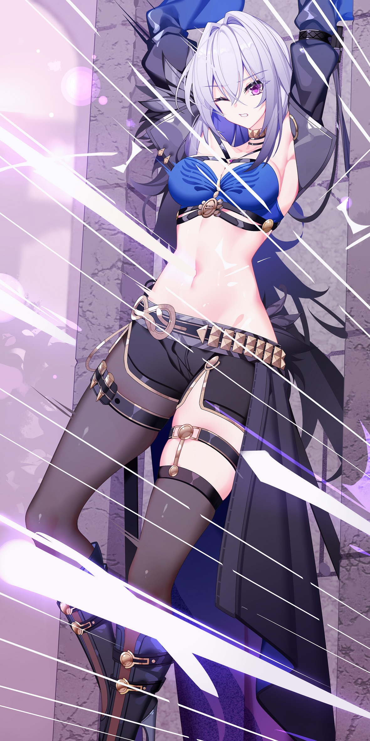 nami qi, galbrena (wuthering waves), wuthering waves, chinese commentary, commentary request, highres, large variant set, textless version, variant set, 1girl, armpits, arms up, bandeau, black boots, black jacket, black pantyhose, black shorts, blue bandeau, blue hair, boots, bound, breasts, cleavage, clenched teeth, criss-cross straps, cropped jacket, crossed bangs, energy sword, gold choker, grey hair, groin, hair between eyes, hair intakes, jacket, knee boots, medium breasts, medium hair, midriff, multicolored hair, navel, one eye closed, open clothes, open jacket, pantyhose, purple eyes, restrained, short shorts, shorts, sidelocks, single leg pantyhose, single thighhigh, single wing, skindentation, solo, stab, standing, sword, teeth, thigh strap, thighhighs, waist cape, weapon, wings