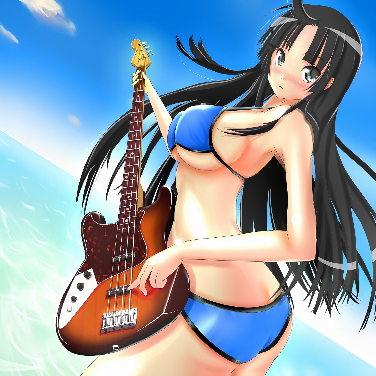 nokiguchi chika, akiyama mio, k-on!, highres, 00s, 1girl, bass guitar, bikini, black eyes, black hair, blue bikini, blue sky, blush, breasts, butt crack, cloud, day, dutch angle, female focus, instrument, large breasts, long hair, ocean, sideboob, sky, solo, swimsuit