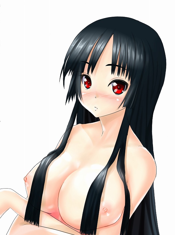 nokiguchi chika, akiyama mio, k-on!, 00s, 1girl, black hair, blush, breasts, completely nude, female focus, hair over breasts, large breasts, long hair, looking at viewer, nipples, nude, red eyes, simple background, solo, topless frame, upper body, white background
