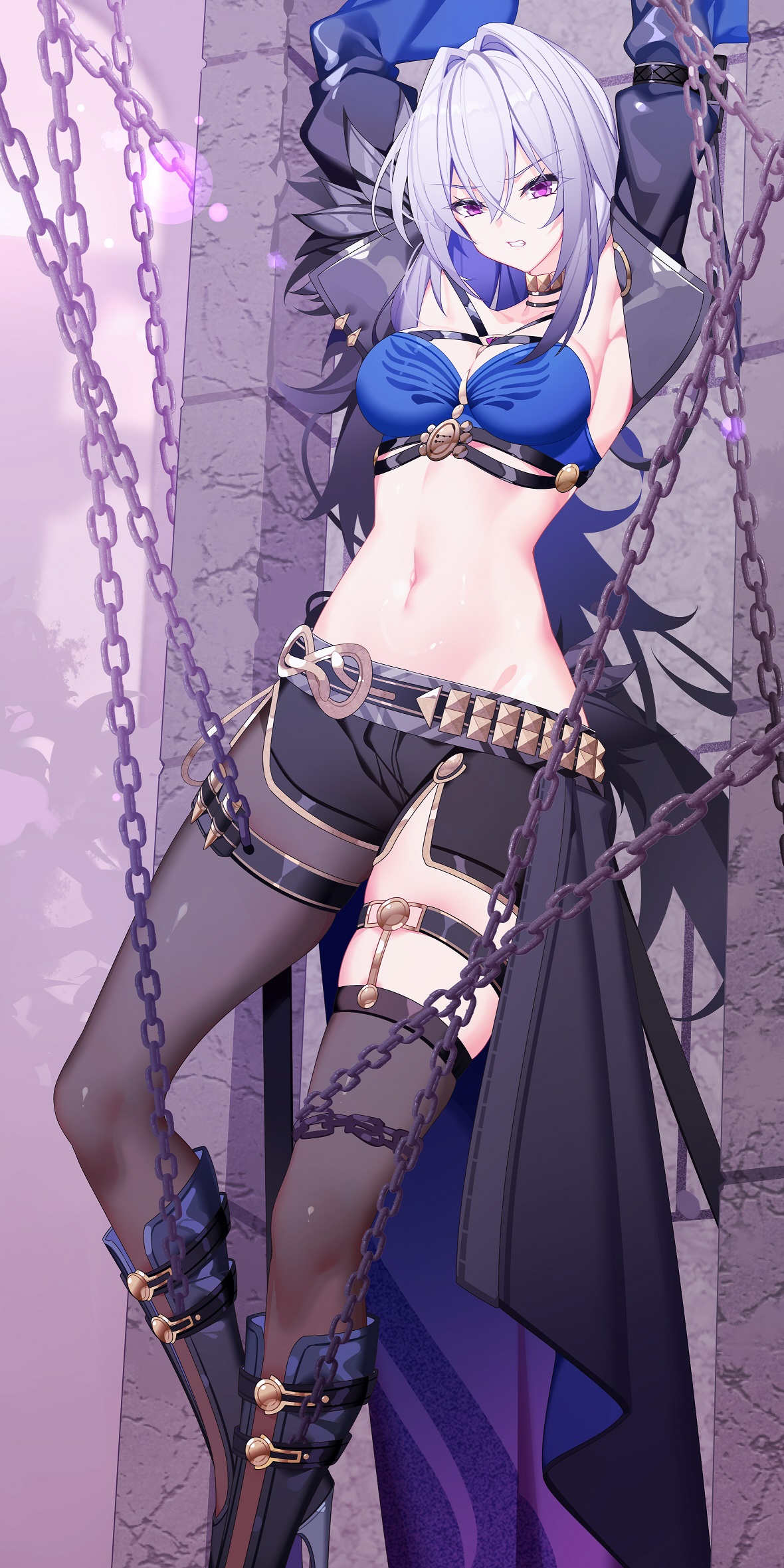 nami qi, galbrena (wuthering waves), wuthering waves, chinese commentary, commentary request, highres, large variant set, textless version, variant set, 1girl, armpits, arms up, bandeau, black boots, black jacket, black pantyhose, black shorts, blue bandeau, blue hair, boots, bound, breasts, chain, cleavage, clenched teeth, criss-cross straps, cropped jacket, crossed bangs, gold choker, grey hair, groin, hair between eyes, hair intakes, jacket, knee boots, medium breasts, medium hair, midriff, multicolored hair, navel, open clothes, open jacket, pantyhose, purple eyes, restrained, short shorts, shorts, sidelocks, single leg pantyhose, single thighhigh, single wing, skindentation, solo, standing, teeth, thigh strap, thighhighs, waist cape, wings