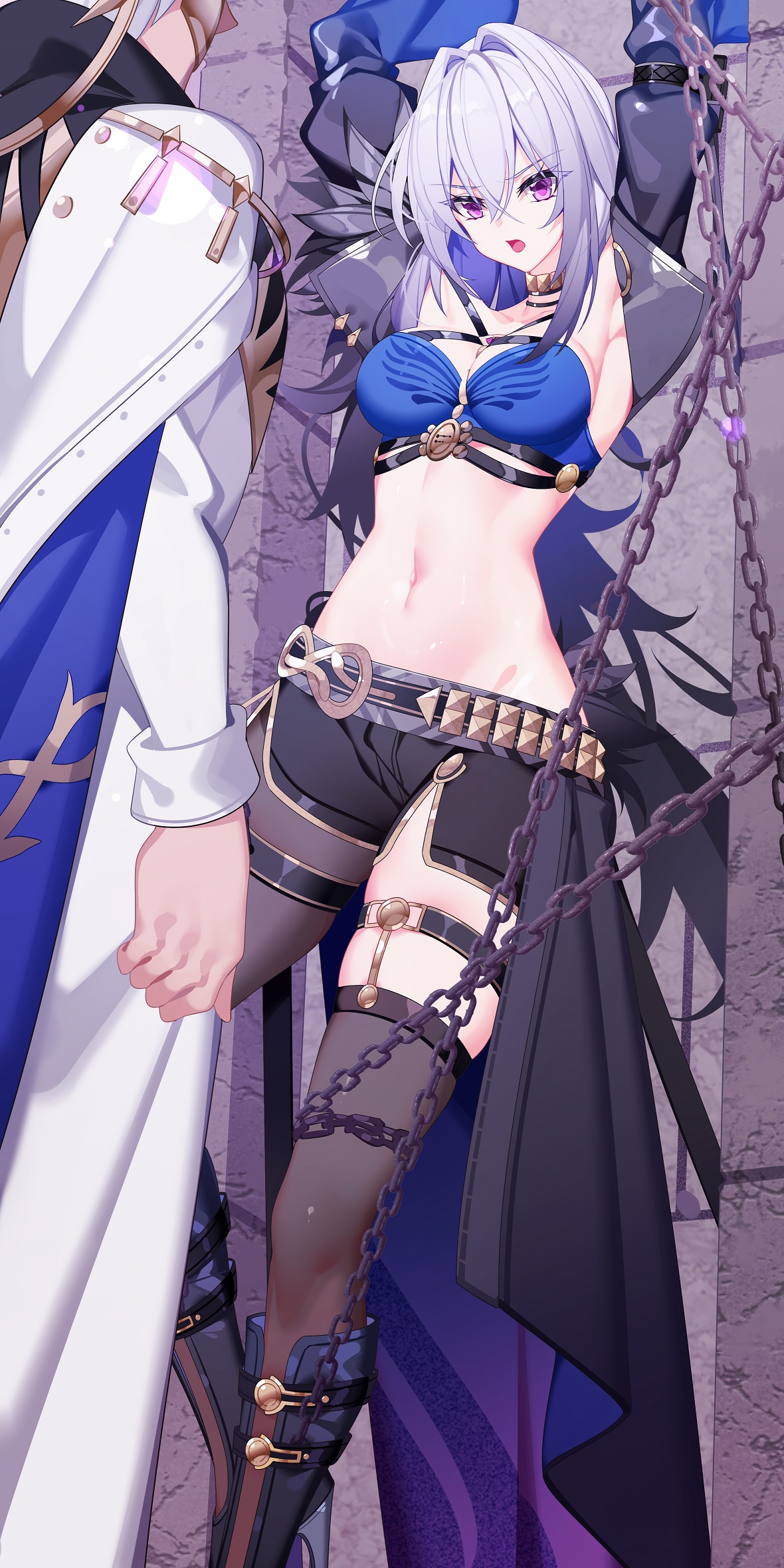 nami qi, fenrico (wuthering waves), galbrena (wuthering waves), wuthering waves, chinese commentary, commentary request, highres, large variant set, textless version, variant set, 1boy, 1girl, armpits, arms up, bandeau, black boots, black jacket, black pantyhose, black shorts, blue bandeau, blue hair, boots, bound, breasts, chain, cleavage, criss-cross straps, cropped jacket, crossed bangs, gold choker, grey hair, groin, hair between eyes, hair intakes, jacket, knee boots, mask, medium breasts, medium hair, midriff, multicolored hair, navel, open clothes, open jacket, open mouth, pantyhose, purple eyes, restrained, robe, short shorts, shorts, sidelocks, single leg pantyhose, single thighhigh, single wing, skindentation, standing, thigh strap, thighhighs, waist cape, white hair, white robe, wings