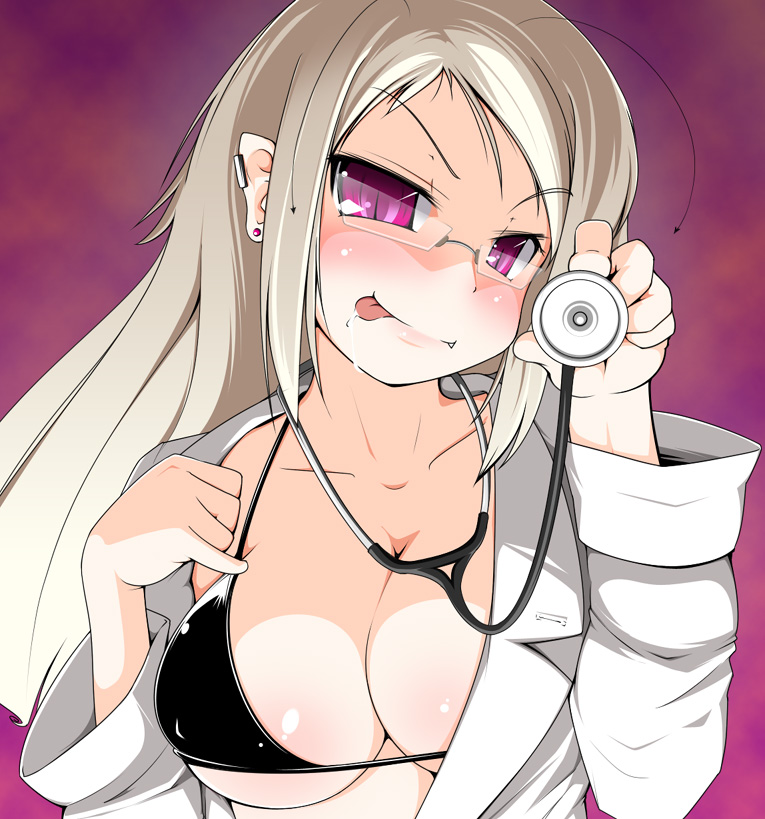 kotatsu (kotatsu3), original, bad id, bad pixiv id, character request, source request, 1girl, :p, bikini, bikini top only, black bikini, blonde hair, breasts, cleavage, doctor, earrings, fang, female focus, glasses, jewelry, large breasts, long hair, naughty face, purple eyes, smile, solo, stethoscope, swimsuit, tongue, tongue out