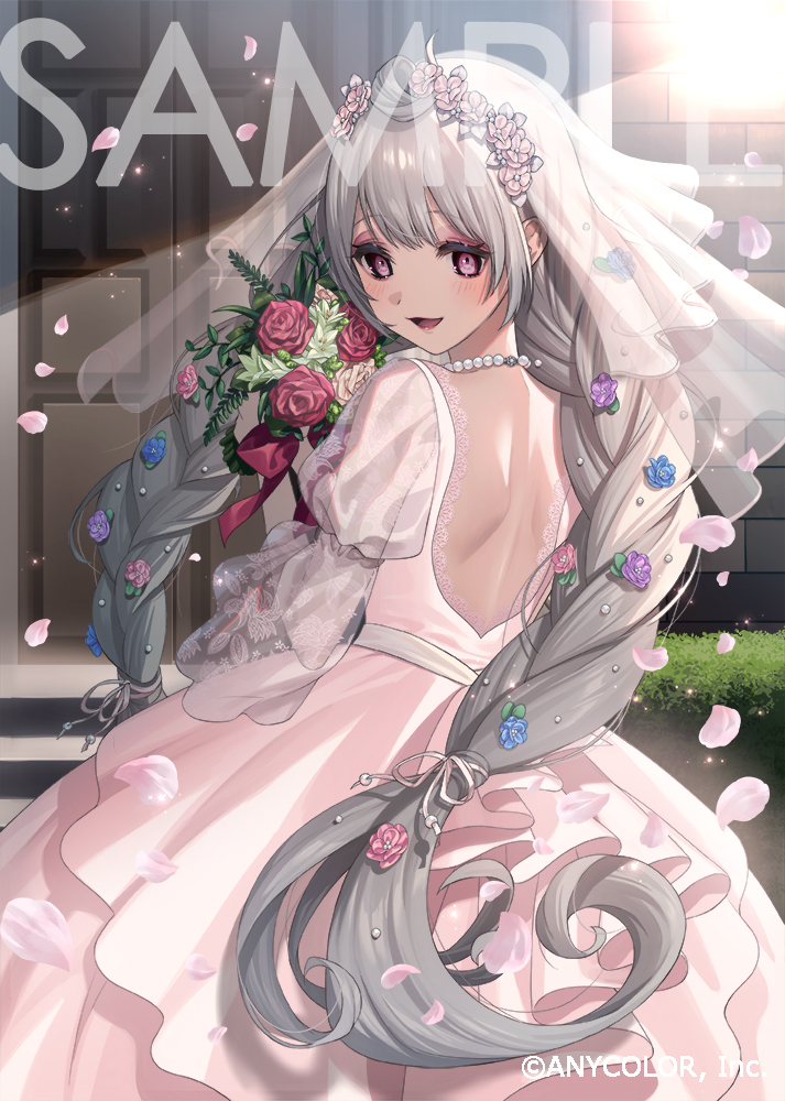 dolustoy, reimu endou, nijisanji, nijisanji en, official art, 1girl, :d, ahoge, back, backless dress, backless outfit, beads, blue flower, bouquet, braid, bridal veil, bride, building, center-flap bangs, copyright notice, cowboy shot, door, dress, eyeshadow, falling petals, fern, flower, flower braid, flower trim, frilled dress, frills, from behind, gown, green flower, grey hair, hair beads, hair flower, hair ornament, hair ribbon, hedge, holding, holding bouquet, jewelry, juliet sleeves, lace, lace-trimmed dress, lace trim, layered dress, light blush, long hair, long sleeves, looking at viewer, looking back, makeup, necklace, open mouth, outdoors, pearl necklace, petals, pink dress, pink flower, pink rose, puffy sleeves, purple eyes, purple eyeshadow, purple flower, red flower, red ribbon, red rose, ribbon, rose, sample watermark, see-through clothes, see-through veil, smile, solo, stairs, standing, sunlight, tareme, twin braids, veil, very long hair, virtual youtuber, watermark, wedding dress, white ribbon, white veil