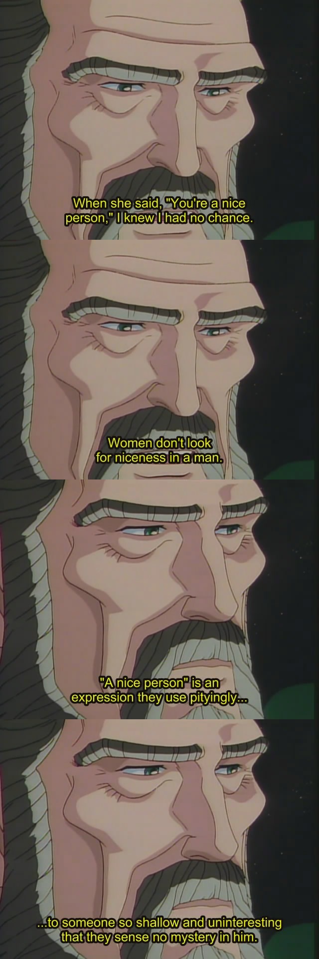michael sigismund von kaiserling, ginga eiyuu densetsu, anime screenshot, highres, long image, tall image, 1boy, 4koma, beard, comic, english text, facial hair, fansub, male focus, multiple views, mustache, subtitled, truth