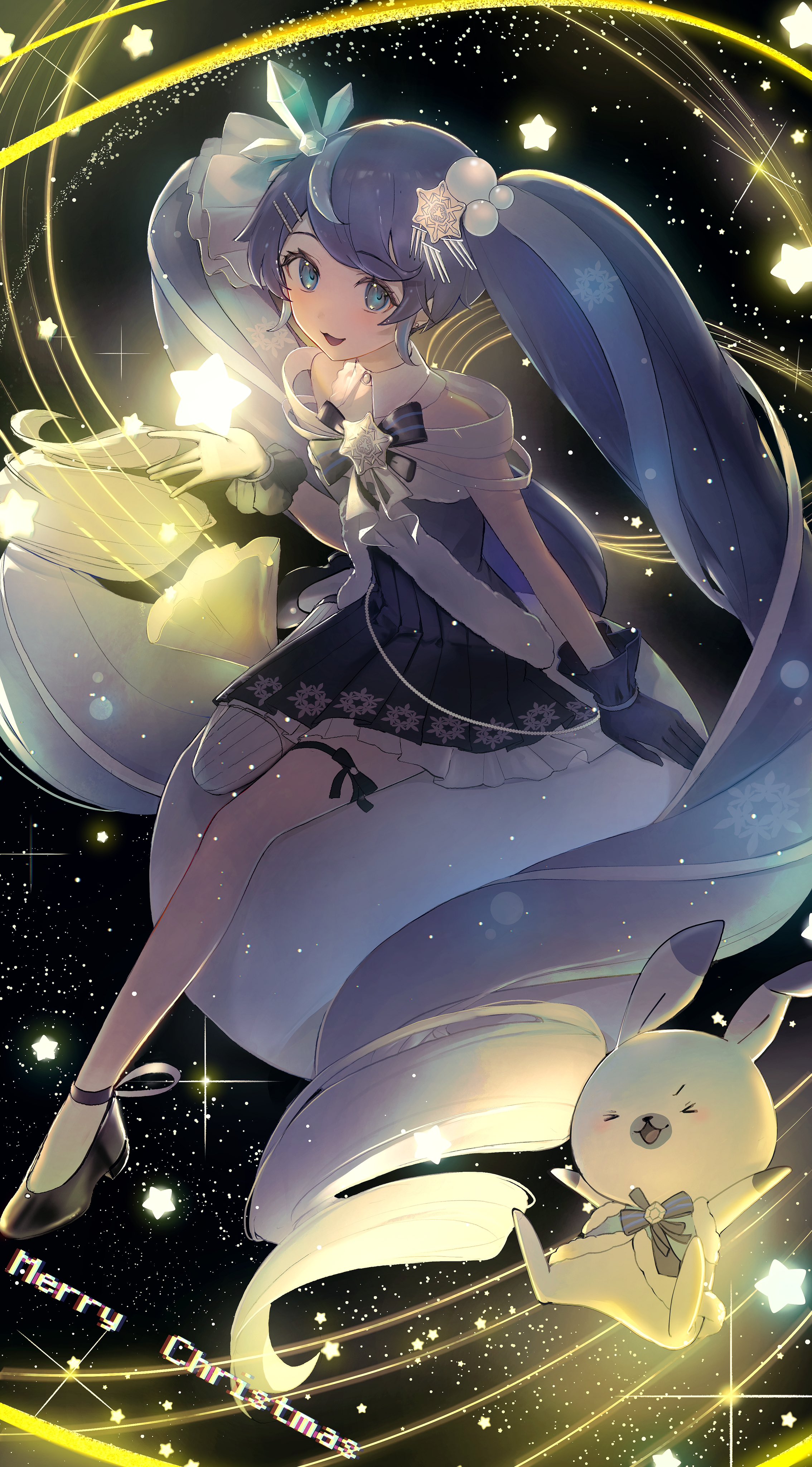 kamatoyu, hatsune miku, rabbit yukine, yuki miku, yuki miku (2025), vocaloid, absurdres, commentary request, highres, > <, 1girl, absurdly long hair, ahoge, animal, black background, black gloves, black shoes, blue bow, blue eyes, blue hair, blue skirt, bow, crystal, crystal hair ornament, detached collar, drill hair, frilled gloves, frills, full body, gem, gloves, hair between eyes, hair ornament, hairclip, hands up, hexagon hair ornament, long hair, looking at viewer, low drills, magical girl, merry christmas, miniskirt, multicolored hair, open mouth, pearl (gemstone), pearl hair ornament, pleated skirt, pom pom (clothes), pom pom hair ornament, rabbit, shoes, single bare leg, single ear down, single thighhigh, sitting, skirt, smile, snowflake background, snowflake hair ornament, snowflake print, star (symbol), strapless, striped bow, thigh strap, thighhighs, treasure chest, tree, twin drills, twintails, very long hair, white hair, white rabbit (animal), white thighhighs