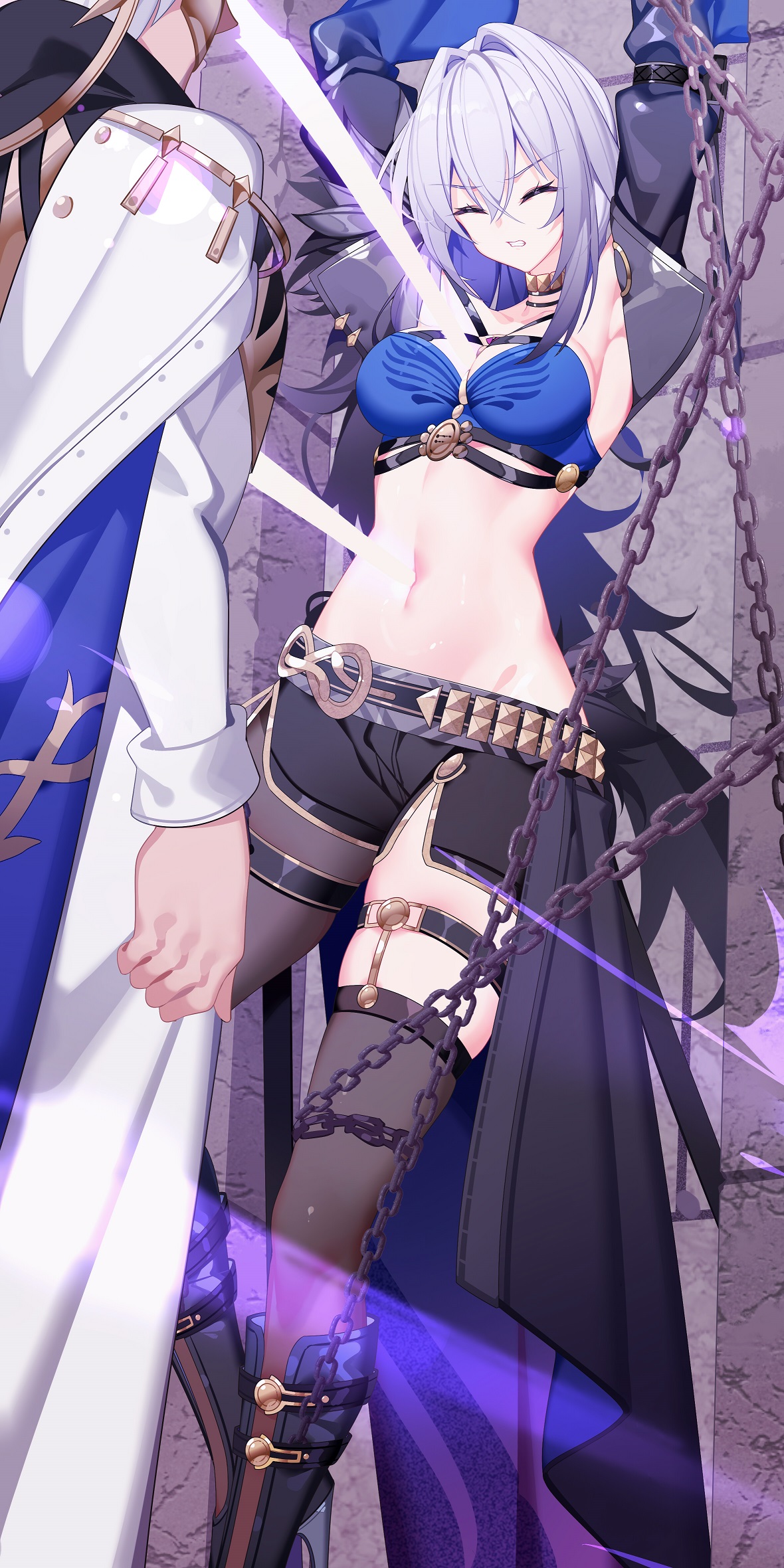 nami qi, fenrico (wuthering waves), galbrena (wuthering waves), wuthering waves, chinese commentary, commentary request, highres, large variant set, textless version, variant set, 1boy, 1girl, armpits, arms up, bandeau, black boots, black jacket, black pantyhose, black shorts, blue bandeau, blue hair, boots, bound, breasts, chain, cleavage, clenched teeth, closed eyes, criss-cross straps, cropped jacket, crossed bangs, energy sword, gold choker, grey hair, groin, hair between eyes, hair intakes, jacket, knee boots, mask, medium breasts, medium hair, midriff, multicolored hair, navel, open clothes, open jacket, pantyhose, purple eyes, restrained, robe, short shorts, shorts, sidelocks, single leg pantyhose, single thighhigh, single wing, skindentation, stab, standing, sword, teeth, thigh strap, thighhighs, waist cape, weapon, white hair, white robe, wings