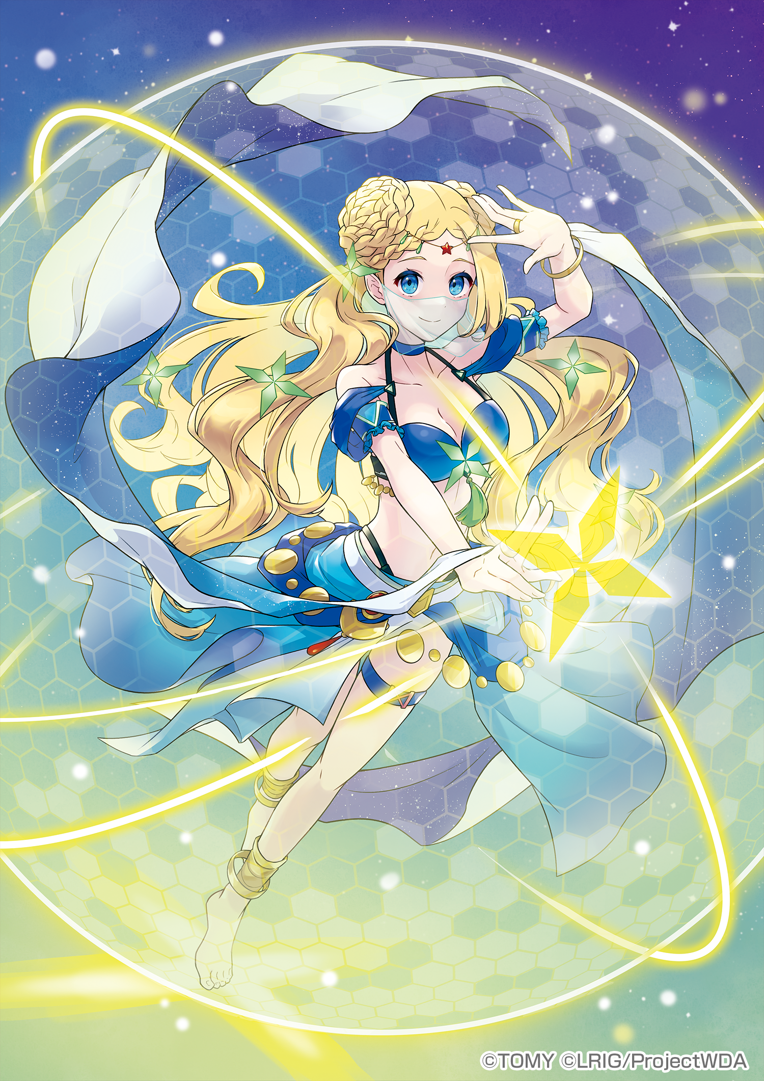 peron (niki2ki884), sashe (wixoss), wixoss, highres, official art, 1girl, barefoot, bikini, blonde hair, blue bikini, blue choker, blue eyes, blue skirt, breasts, choker, cleavage, closed mouth, copyright notice, double bun, hair bun, long hair, looking at viewer, mask, medium breasts, mouth mask, navel, see-through clothes, see-through mask, skirt, solo, swimsuit, thigh strap, very long hair