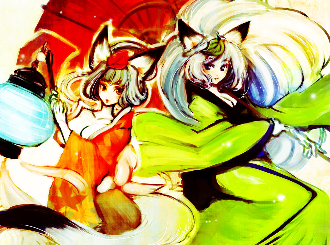 doraeshi, kongiku, yuzuruha, oboro muramasa, silver hair, 2girls, animal ears, blush, breasts, cleavage, fox ears, fox tail, hair up, japanese clothes, kimono, lantern, leaf, leaf on head, lips, long hair, multiple girls, object on head, oil-paper umbrella, paper lantern, tail, umbrella, very long hair
