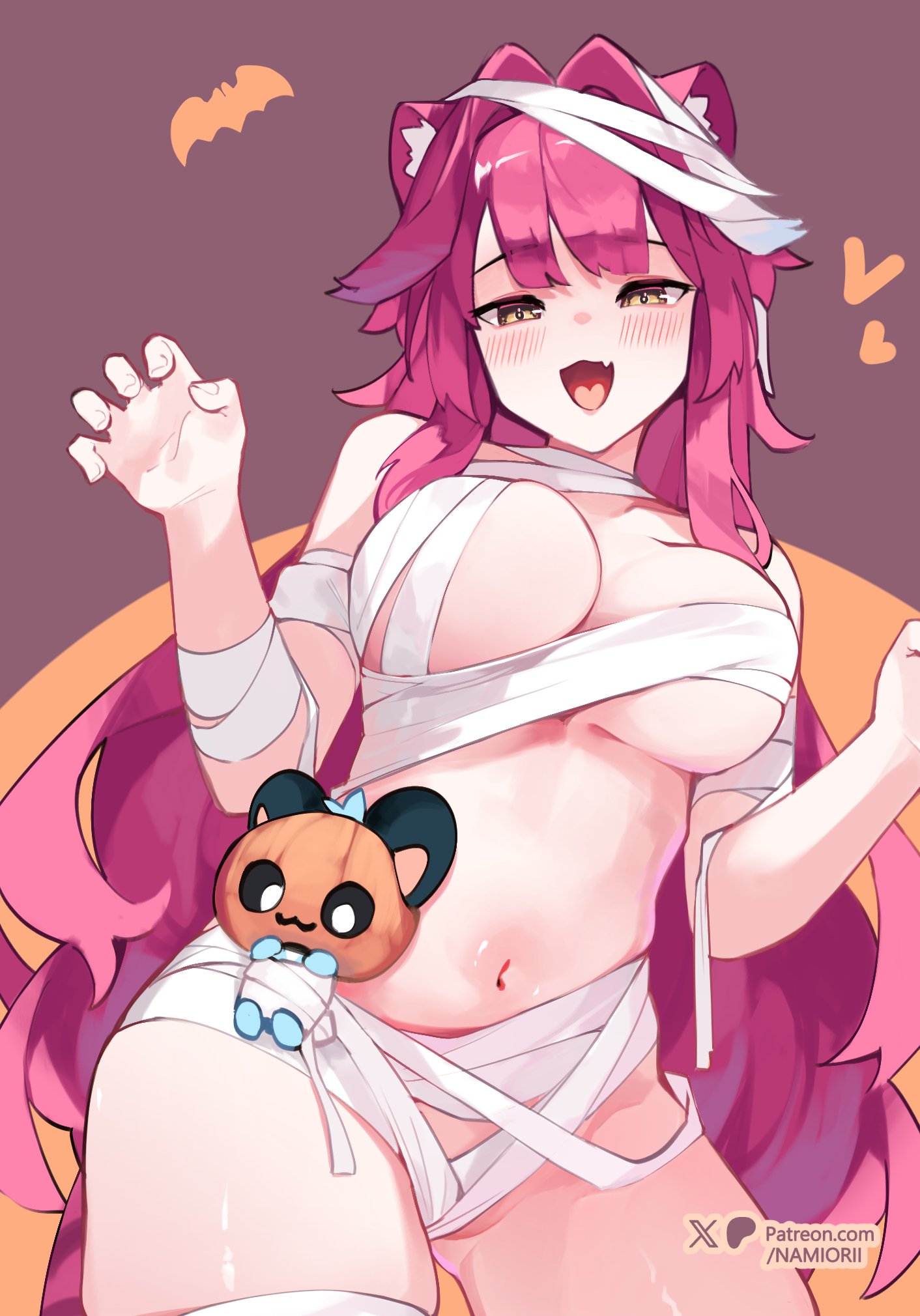 namiorii, chattino (raora panthera), raora panthera, hololive, hololive english, commentary, english commentary, highres, 1girl, animal ears, artist name, bandaged arm, bandaged chest, bandaged head, bandages, blush, breasts, brown background, claw pose, fang, fingernails, hair intakes, large breasts, long hair, looking at viewer, mummy costume, naked bandage, navel, open mouth, orange background, panther ears, panther girl, patreon username, pink hair, skin fang, smile, stomach, thighs, virtual youtuber, yellow eyes