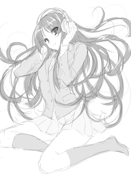 ayase hazuki, akiyama mio, akg, k-on!, 00s, 1girl, akg k-series headphones, female focus, greyscale, headphones, long hair, monochrome, school uniform, sketch, solo, white background