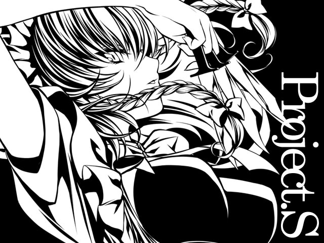 ayase hazuki, izayoi sakuya, touhou, 1girl, breasts, female focus, greyscale, knife, maid, monochrome, solo, upper body