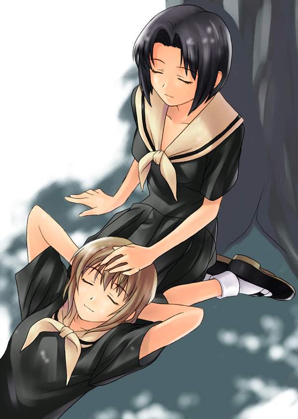 mizuno youko, satou sei, maria-sama ga miteru, 00s, black hair, blonde hair, lying, school uniform, serafuku, sitting, sleeping, tree