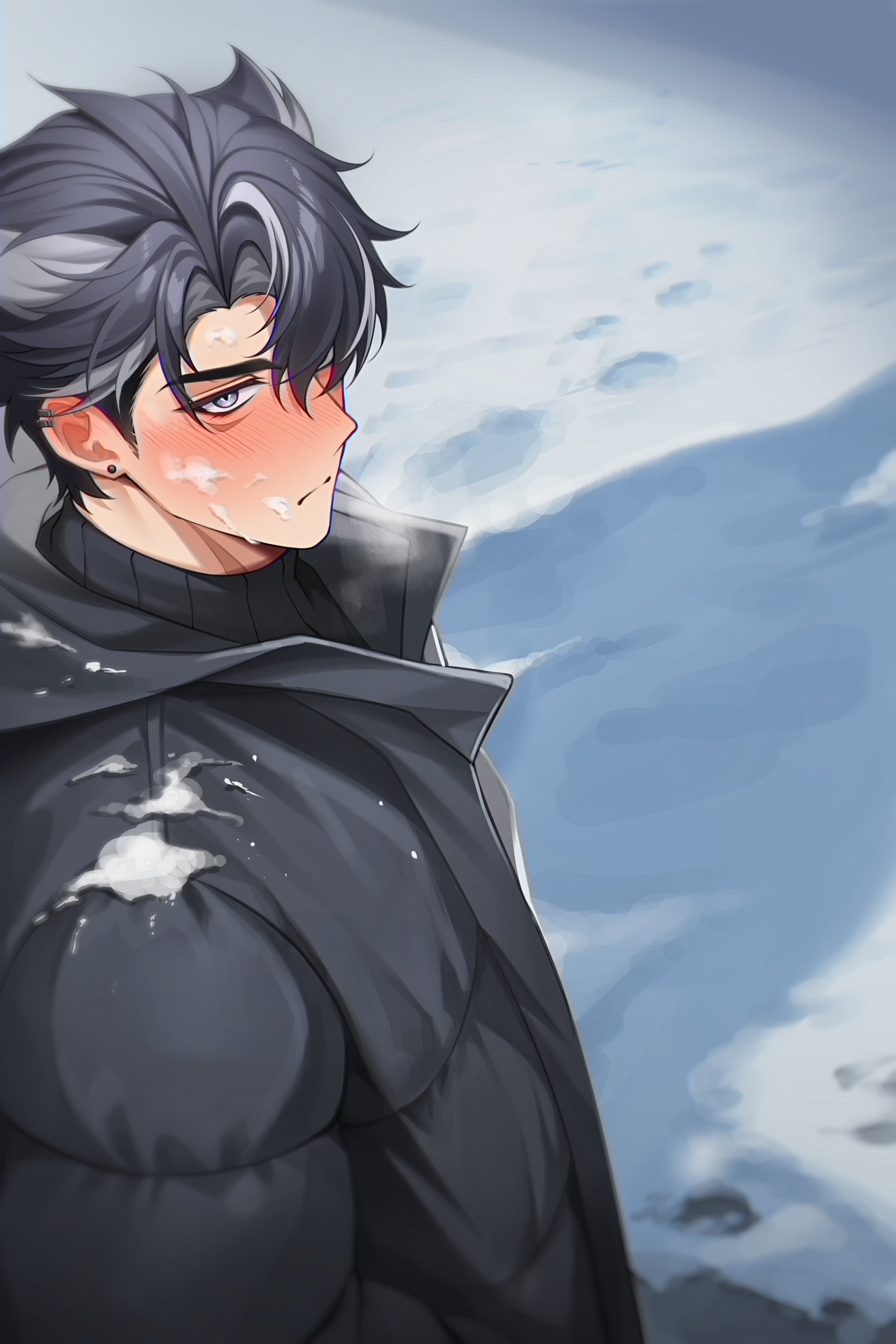solcha, wriothesley (genshin impact), genshin impact, absurdres, highres, 1boy, black hair, black jacket, black sweater, blush, closed mouth, earrings, grey eyes, grey hair, jacket, jewelry, long sleeves, male focus, multicolored hair, short hair, snow, solo, streaked hair, sweater