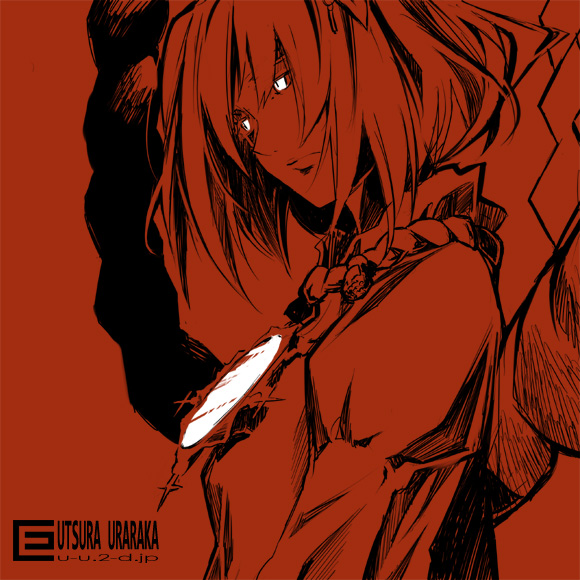 eretto, yasaka kanako, touhou, 1girl, female focus, mirror, monochrome, red theme, rope, shimenawa, short hair, solo, watermark, web address