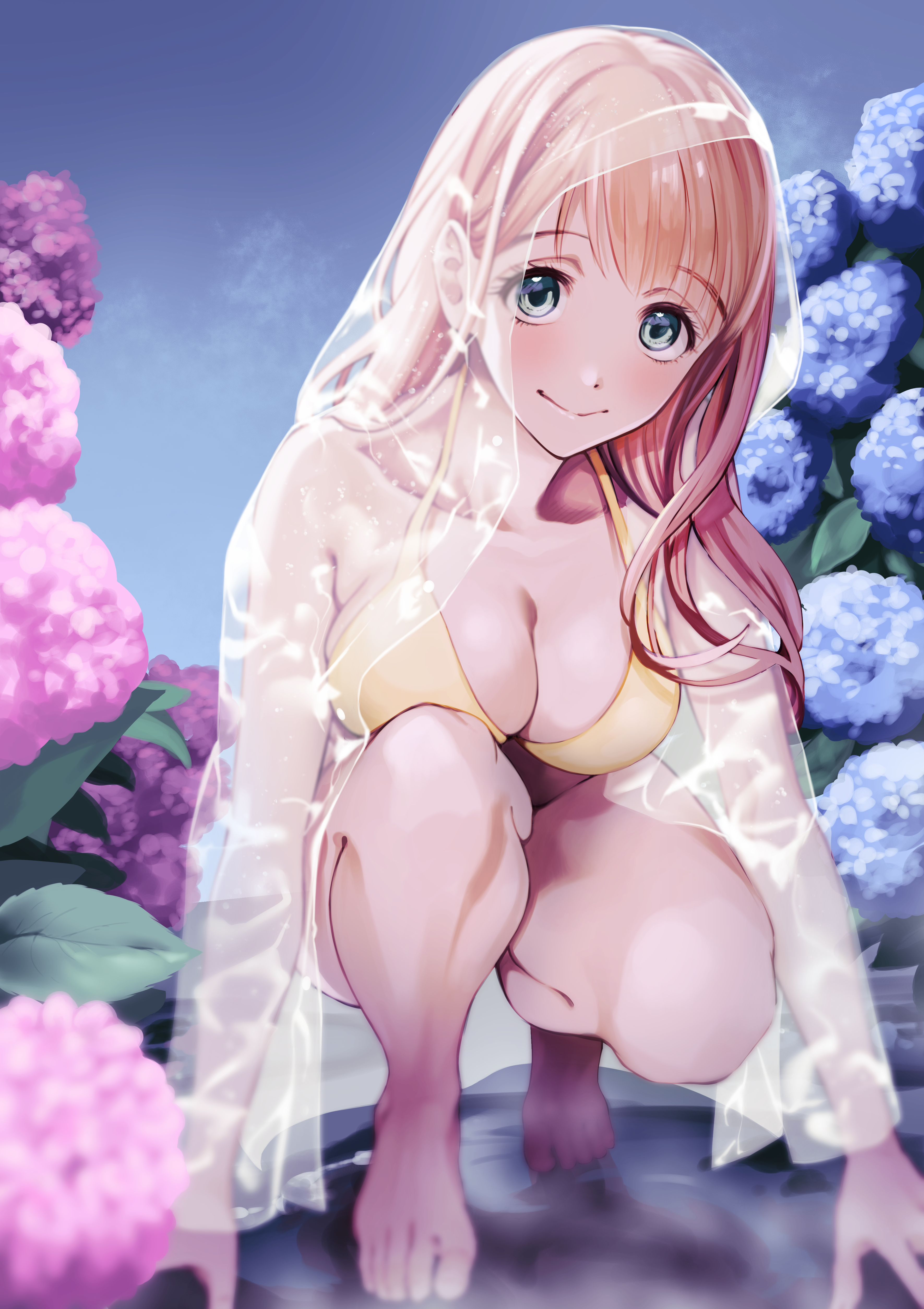 nagashii kouhei, scary campus college university, absurdres, highres, 1girl, :>, bikini, blue sky, blush, breasts, brown hair, chiarashi mahina, flower, fog, green eyes, hands on ground, large breasts, long hair, looking at viewer, outdoors, plant, puddle, raincoat, see-through clothes, see-through raincoat, sky, smile, solo, squatting, swimsuit, yellow bikini
