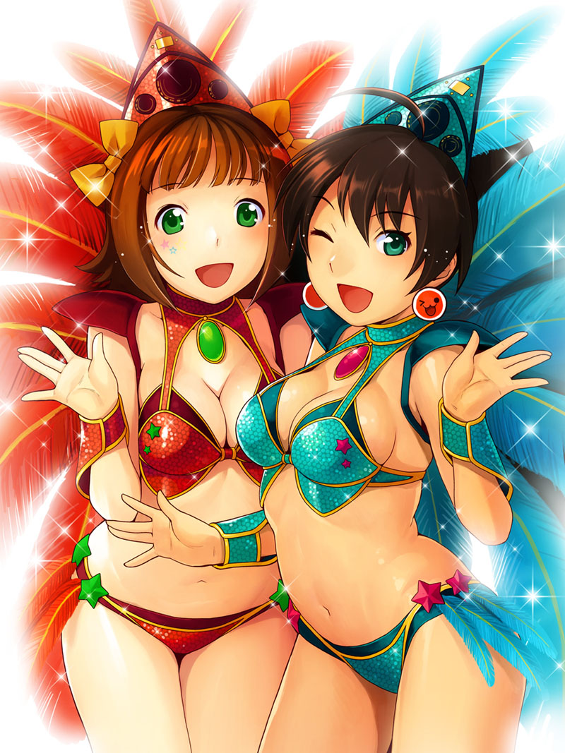 nekomata naomi, amami haruka, ganaha hibiki, kikuchi makoto, idolmaster, 2girls, ahoge, bikini, brown hair, earrings, feathers, green eyes, jewelry, multiple girls, open mouth, otome samba, samba, swimsuit, wink