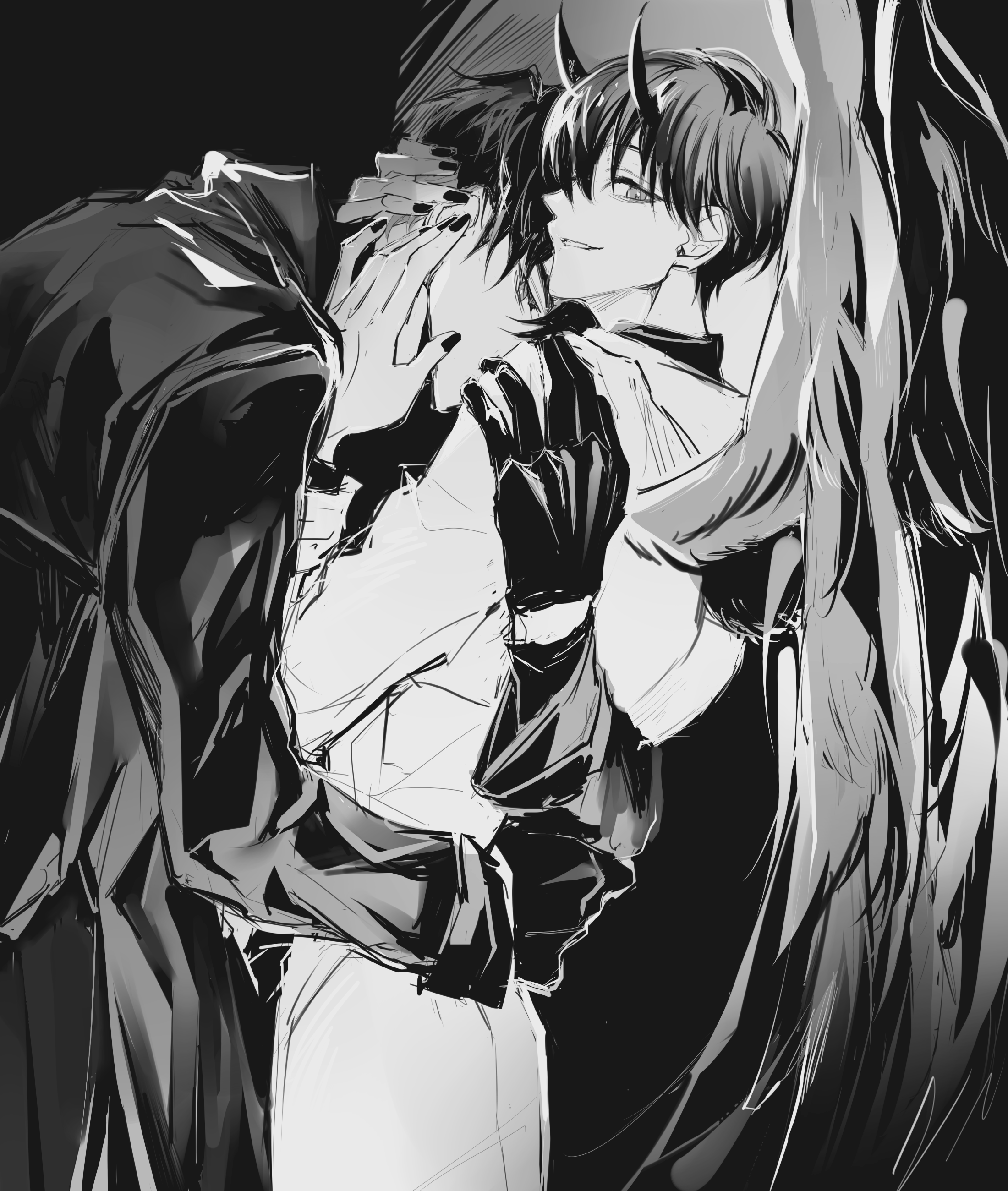 rhyme1863, kim dokja, secretive plotter, yoo joonghyuk, omniscient reader's viewpoint, absurdres, commentary, highres, symbol-only commentary, 2boys, :d, aegyo sal, arm around waist, black coat, black nails, coat, cowboy shot, demon horns, feathered wings, gloves, greyscale, hand on another's face, hand on another's shoulder, horns, hug, looking at viewer, male focus, monochrome, multiple boys, official alternate costume, open clothes, open coat, open mouth, smile, white coat, wings