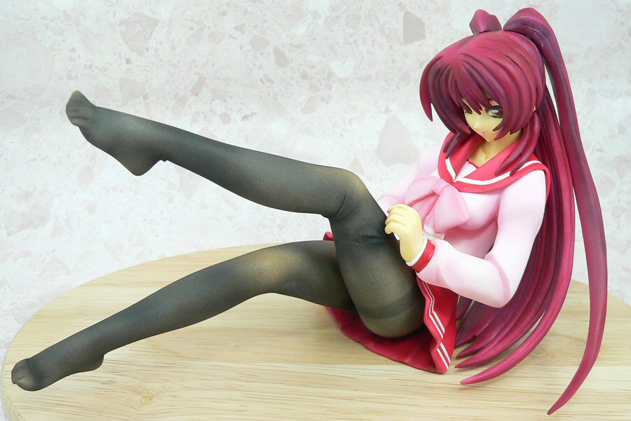 kousaka tamaki, to heart (series), to heart 2, photo (medium), 00s, 1girl, adjusting clothes, adjusting legwear, alternate legwear, black pantyhose, clothes pull, feet, female focus, figure, figure (medium), legs, long hair, pantyhose, pantyhose pull, red hair, school uniform, solo, thighband pantyhose, twintails