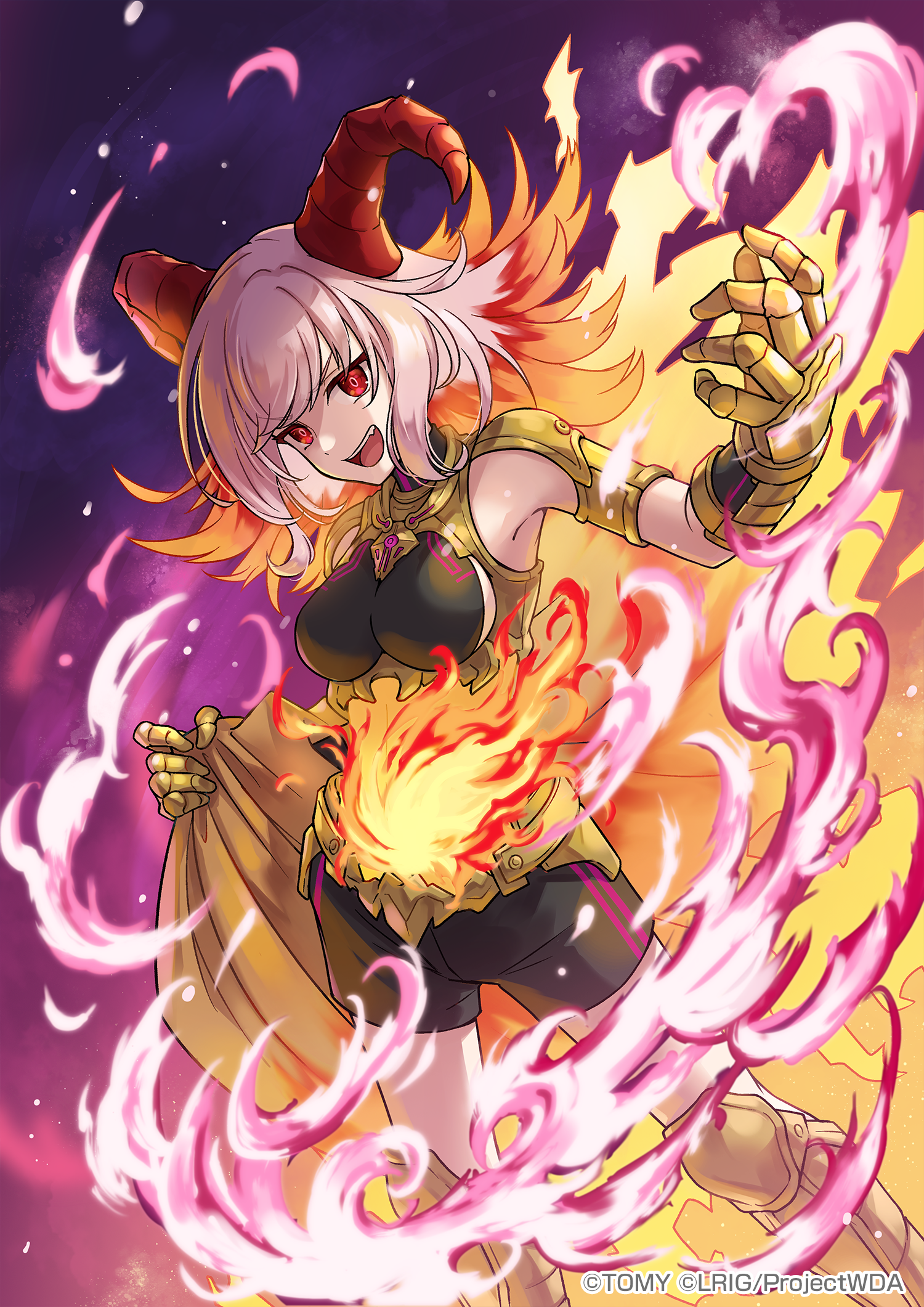 peron (niki2ki884), wixoss, highres, official art, 1girl, black shirt, black shorts, copyright notice, dragon girl, dragon horns, fire, gradient hair, grey hair, horns, looking at viewer, medium hair, multicolored hair, open mouth, phalaris (wixoss), red eyes, red hair, shirt, shorts, smile, solo