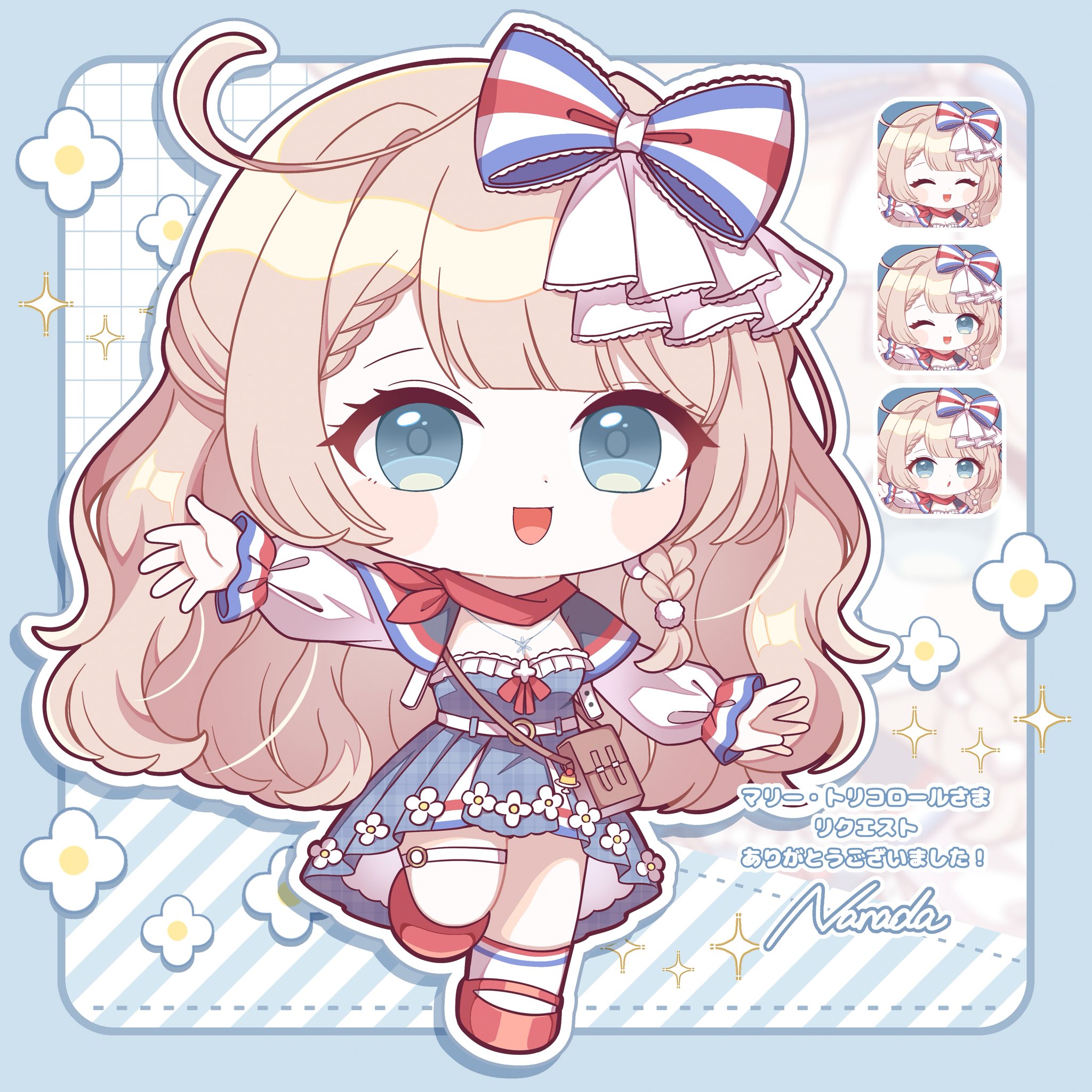 nada namie, indie virtual youtuber, commentary, commission, highres, skeb commission, 1girl, :d, artist name, blonde hair, blue border, blue bow, blue dress, blunt bangs, blush stickers, border, bow, braid, chibi, chibi only, dress, full body, green eyes, grid background, hair bow, jewelry, long hair, long sleeves, looking at viewer, mary tricolor, multicolored bow, multiple views, neckerchief, necklace, open mouth, outline, outside border, outstretched arm, red bow, red neckerchief, red shoes, shoes, smile, socks, standing, standing on one leg, striped background, striped clothes, striped socks, virtual youtuber, white bow, white outline, white socks