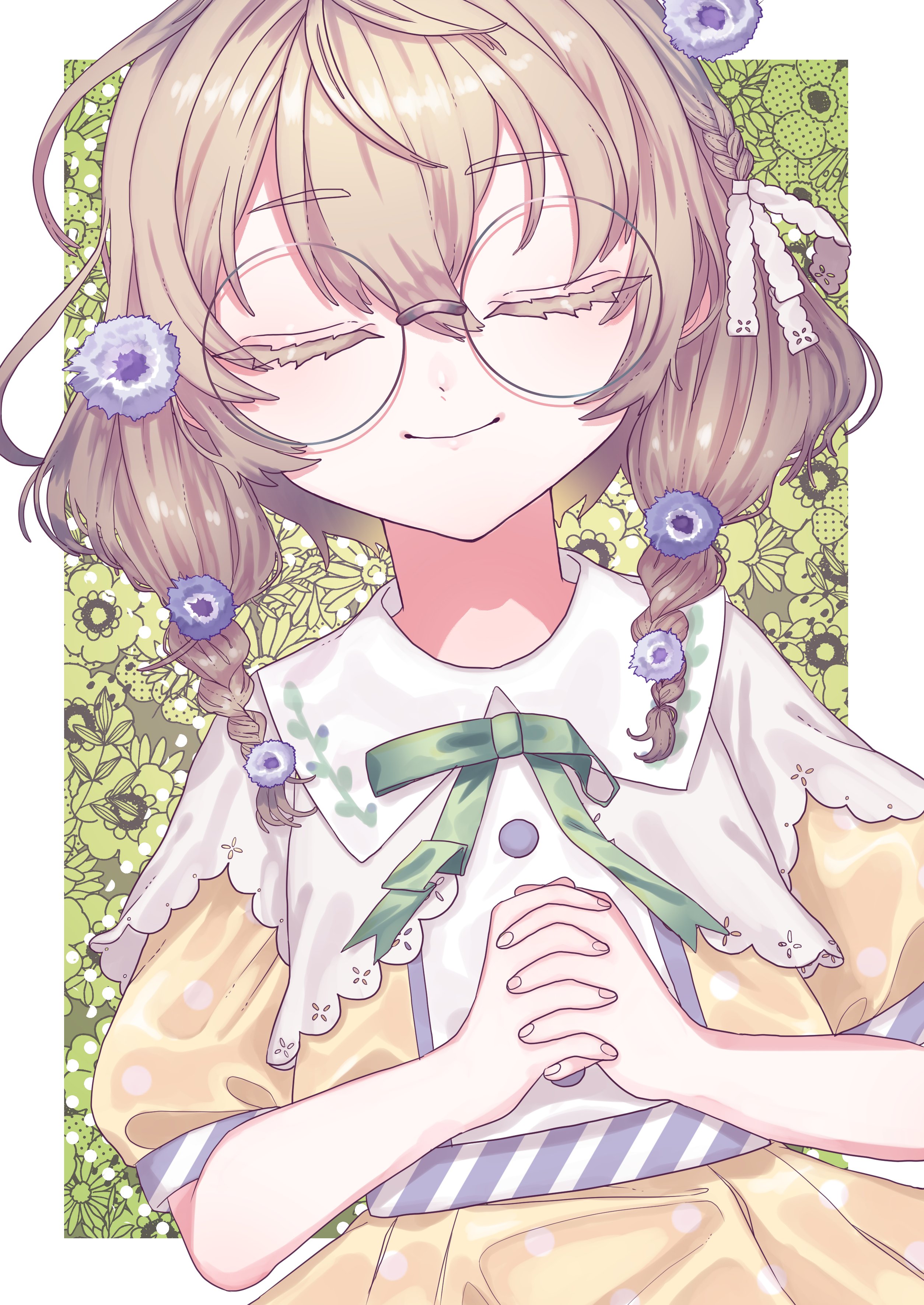 yaguruma rine, nijisanji, absurdres, highres, 1girl, border, braid, brown hair, closed eyes, closed mouth, collared shirt, dutch angle, floral background, floral print, floral print skirt, flower, glasses, green eyes, green ribbon, grey-framed eyewear, hair flower, hair ornament, hair over shoulder, half crown braid, interlocked fingers, kakuya susubana, long hair, low twin braids, lying, miniskirt, neck ribbon, on back, outside border, own hands clasped, own hands together, polka dot, polka dot shirt, polka dot skirt, praying, print skirt, puffy short sleeves, puffy sleeves, purple flower, ribbon, round eyewear, shirt, short sleeves, skirt, solo, twin braids, upper body, virtual youtuber, white border, white ribbon, yellow shirt, yellow skirt