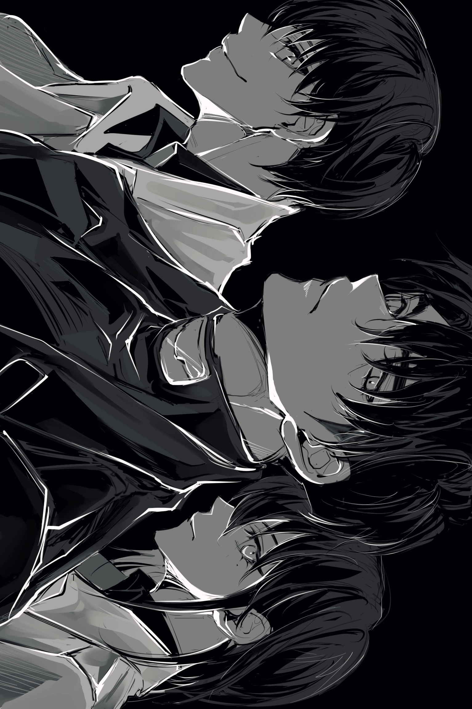 rhyme1863, han sooyoung, kim dokja, yoo joonghyuk, omniscient reader's viewpoint, highres, 1girl, 2boys, black coat, black hair, black shirt, coat, collared shirt, crew neck, greyscale, looking at viewer, monochrome, multiple boys, open clothes, open coat, popped collar, shirt, short hair, sideways, smirk, upper body, white coat