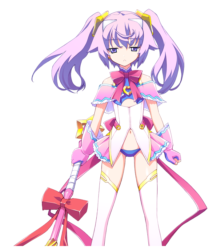 matsuo yukihiro, erin-fray orgel, chaos;head, chaos;head love chu chu!, science adventure, shiny eyes, game cg, official art, 1girl, :<, annoyed, back ribbon, bandeau, bare shoulders, blue bandeau, blue panties, chest ribbon, clenched hand, closed mouth, clothing cutout, cute weapon, earrings, fingerless gloves, flat chest, frown, gloves, gold trim, hair ornament, halterneck, holding, holding weapon, horns, jewelry, long hair, looking at viewer, magical girl, narrowed eyes, navel, off shoulder, panties, petite, petticoat, purple eyes, purple hair, red ribbon, ribbon, solo, sprite, star (symbol), star hair ornament, thighhighs, thighs, twintails, underboob cutout, underwear, weapon, white horns, white thighhighs, zettai ryouiki