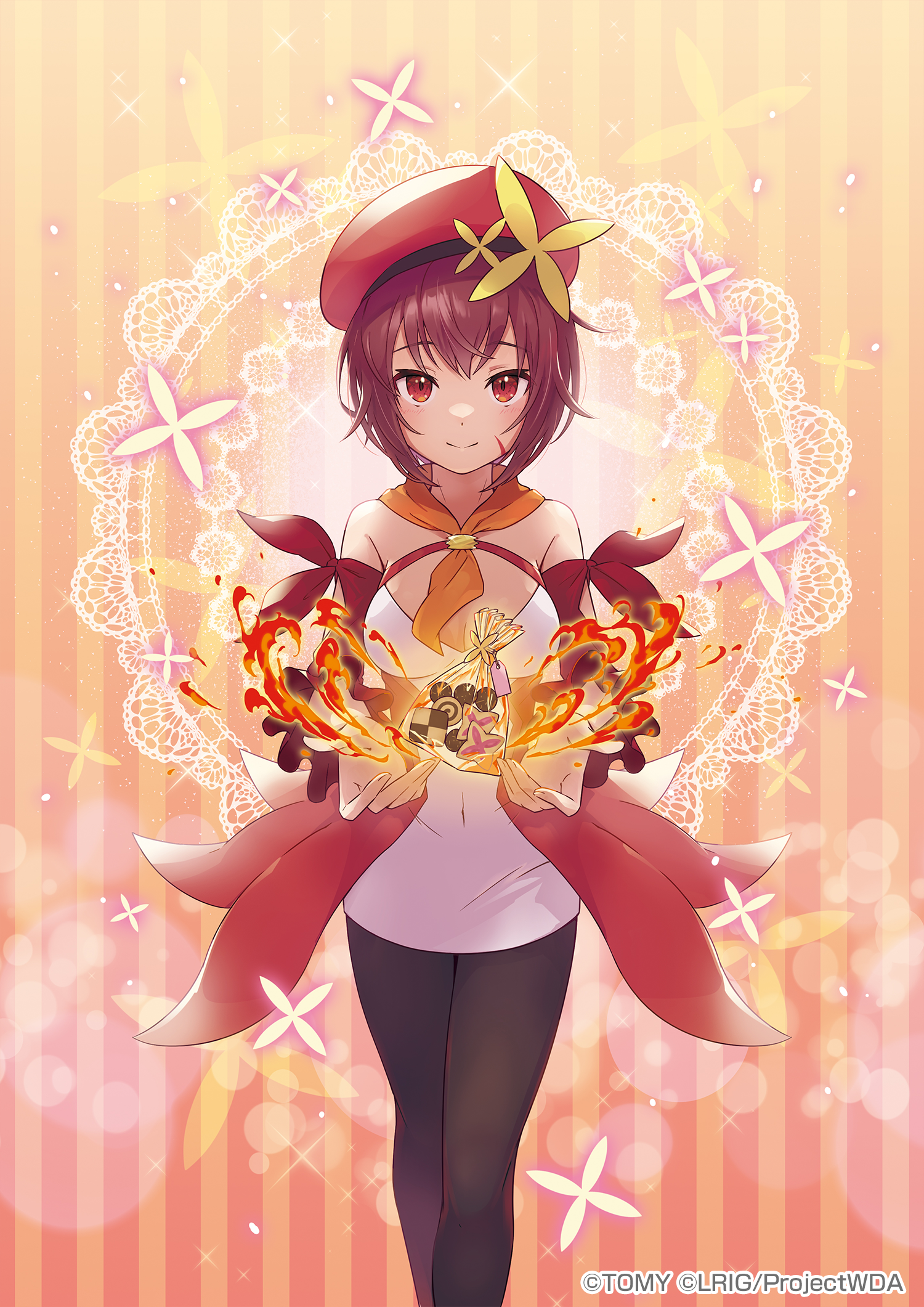 peron (niki2ki884), hanayo (wixoss), wixoss, highres, official art, 1girl, beret, black pantyhose, cape, closed mouth, copyright notice, dress, fire, hat, looking at viewer, pantyhose, red cape, red eyes, red hair, red hat, smile, solo, white dress